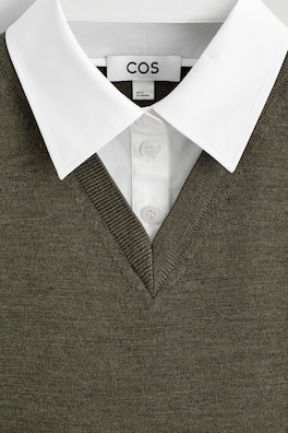 LAYERED MERINO WOOL SHIRT VEST — KHAKI / WHITE 7