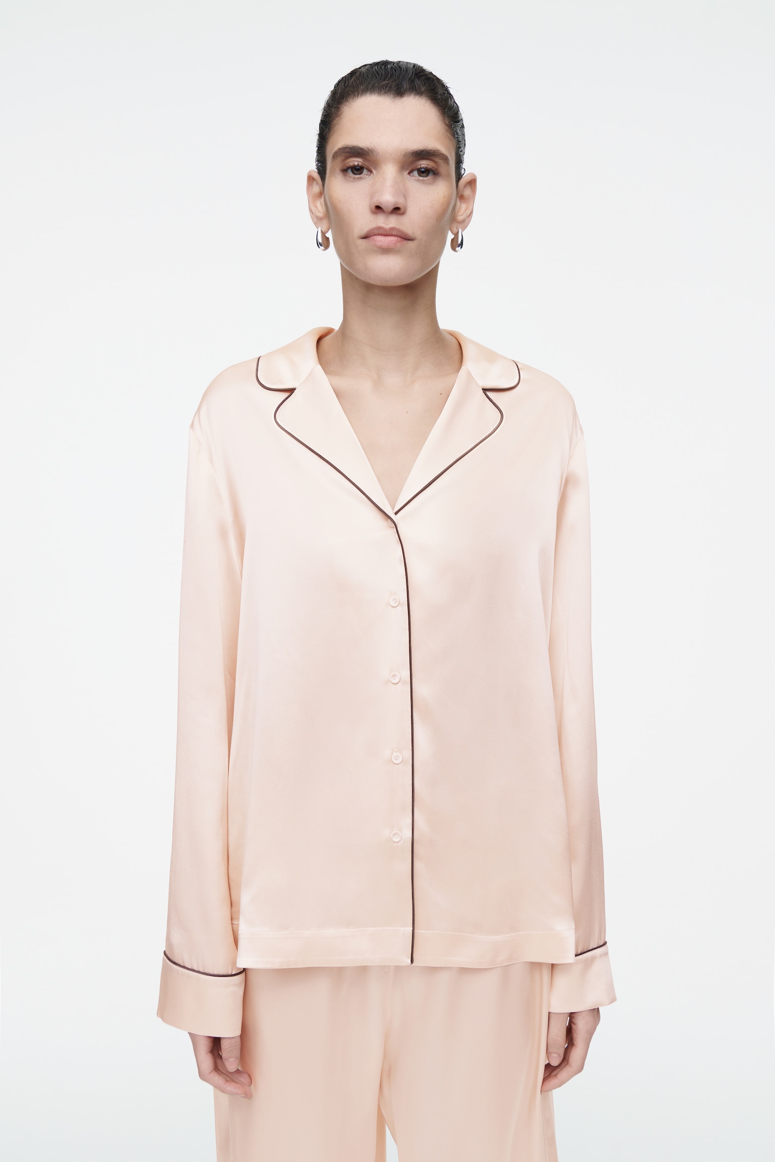 PIPED SILK PYJAMA SHIRT - APRICOT