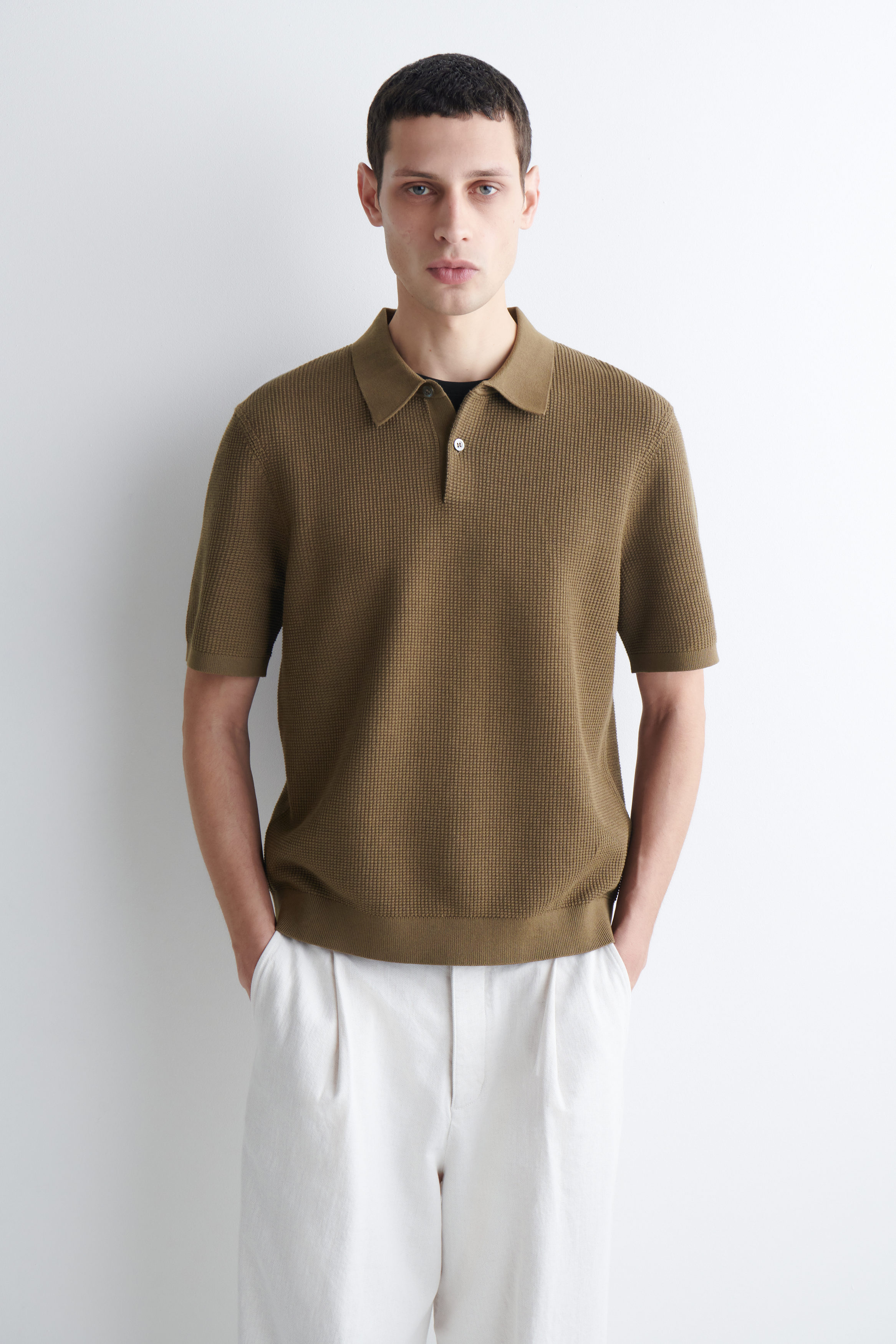 WAFFLE-KNIT COTTON POLO SHIRT - DARK BEIGE | COS US