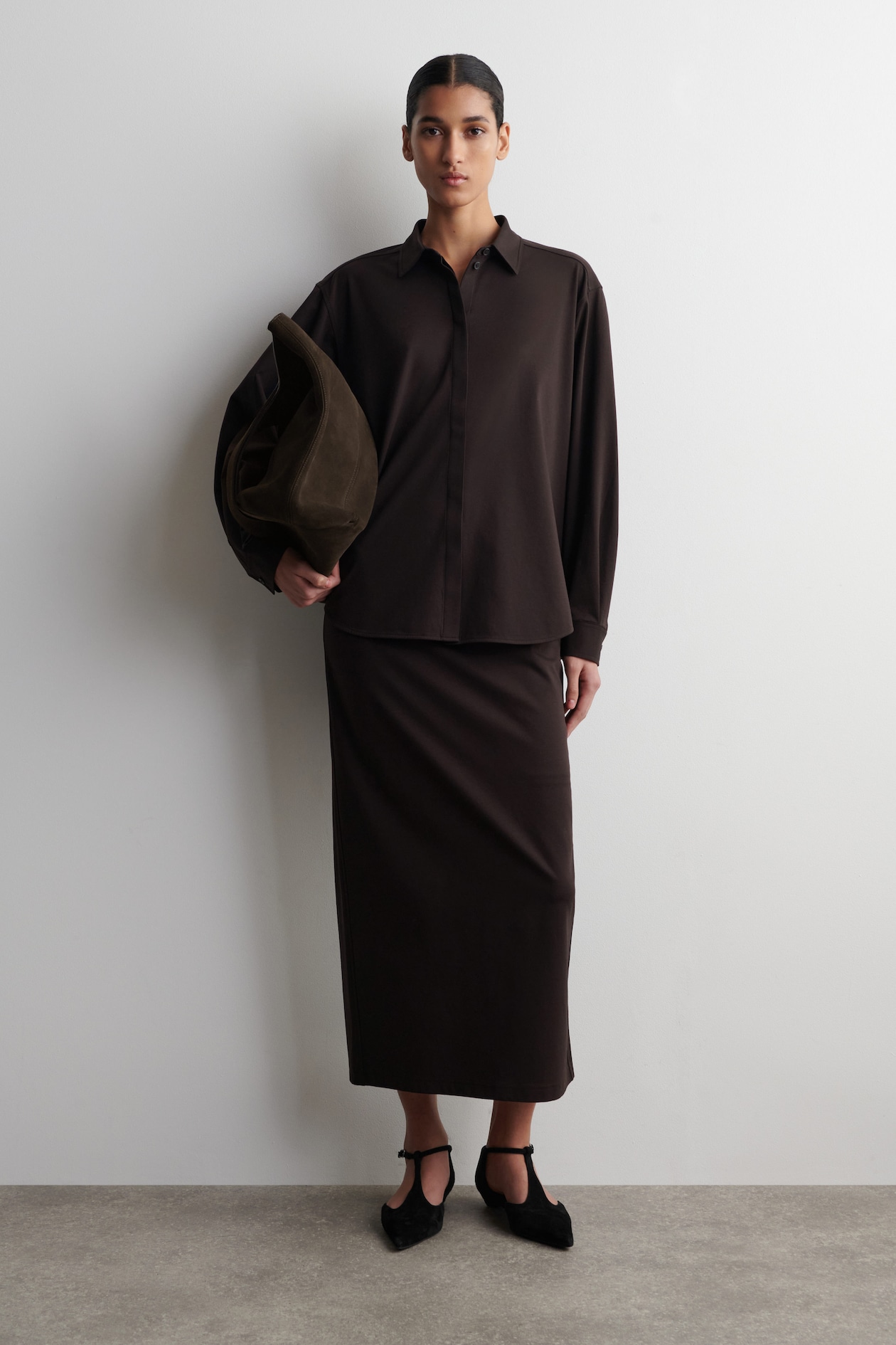 PIMA COTTON-JERSEY SHIRT — DARK BROWN