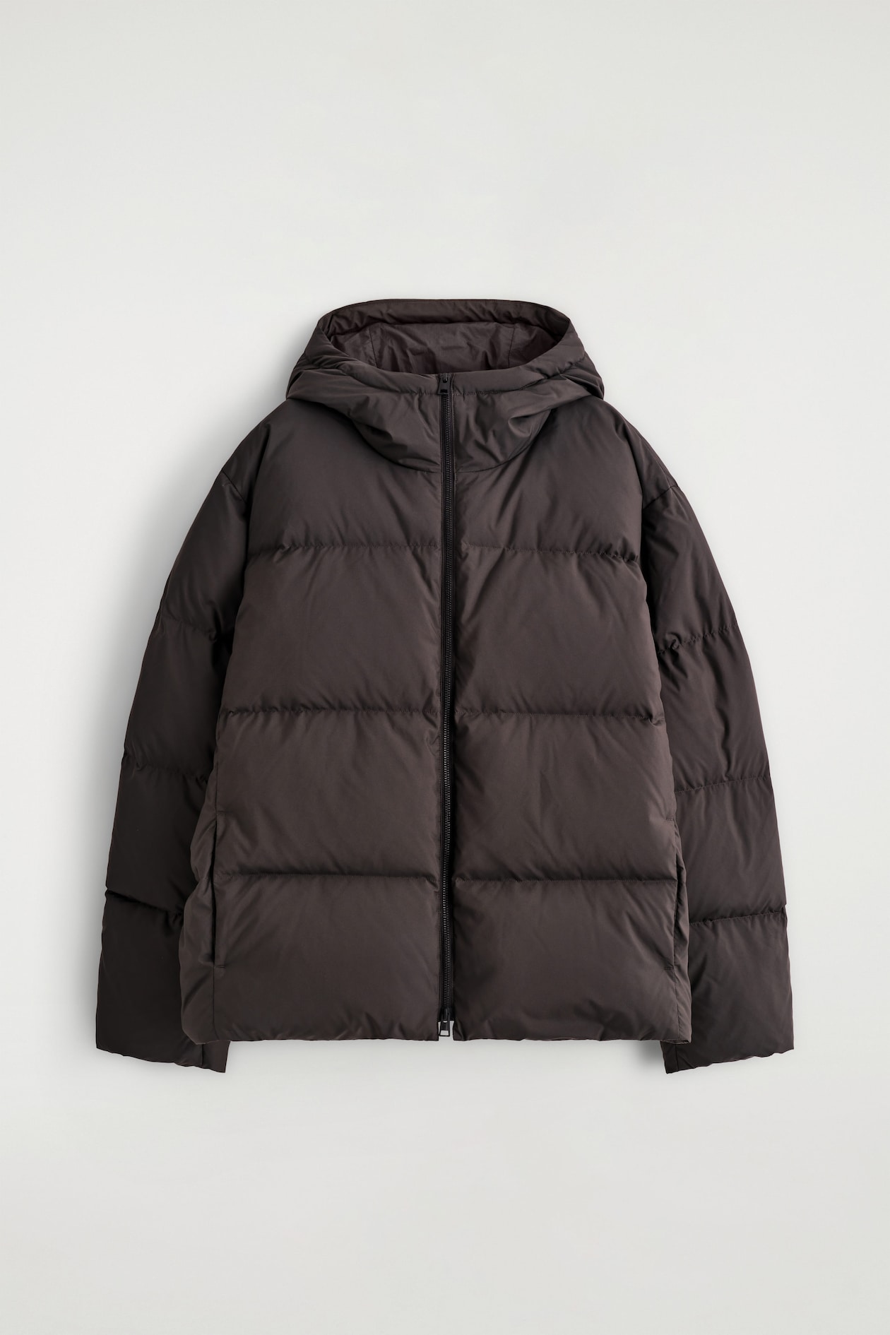 HOODED DOWN PUFFER JACKET — DARK BROWN