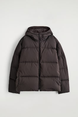 HOODED DOWN PUFFER JACKET — DARK BROWN 2