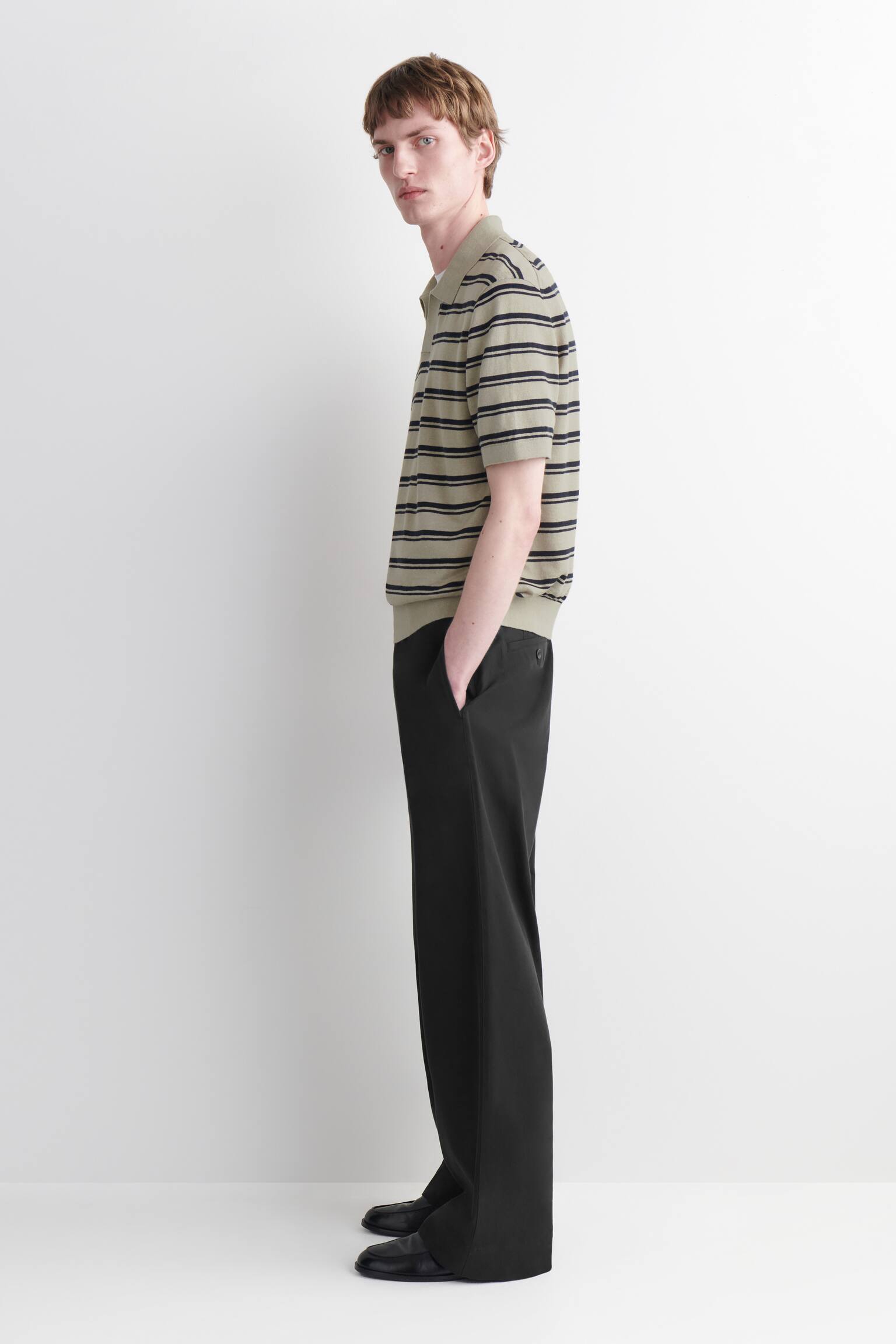 חולצת פולו פשתן סרוגה-BEIGE / BROWN / STRIPED - 7