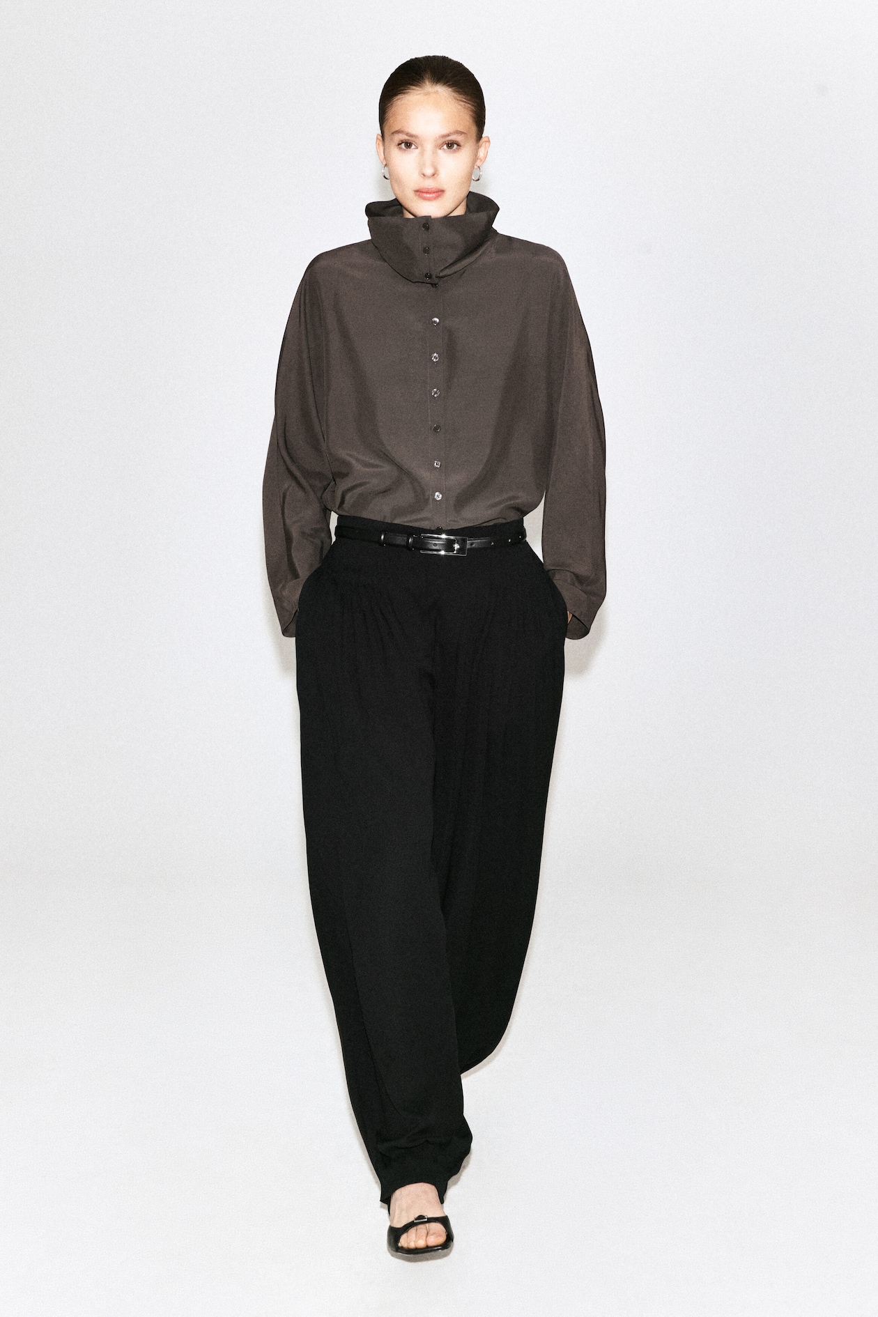 FLUID MOCK-NECK BLOUSE — GRAY