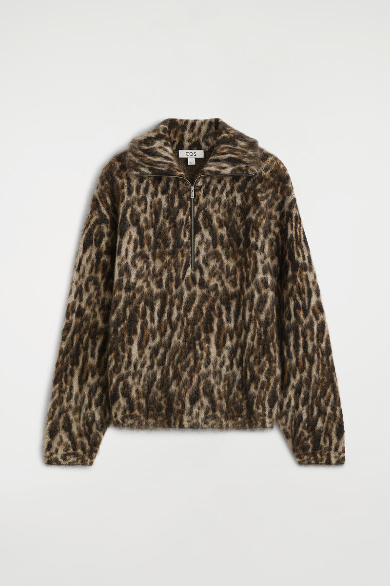 Leopard-Jacquard Zip-Up Sweater