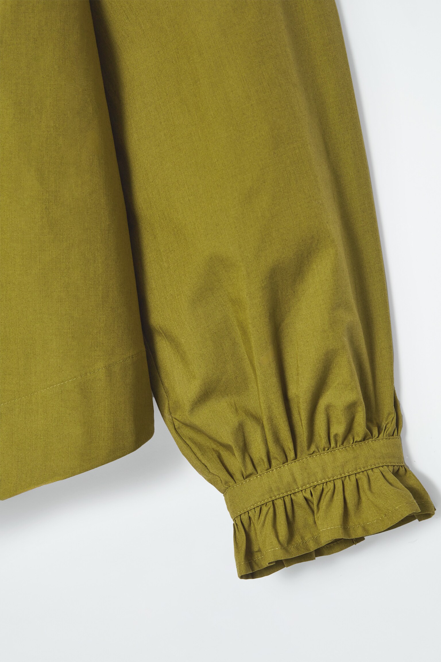 RUFFLED-CUFF GATHERED BLOUSE - OLIVE GREEN/WHITE - 2