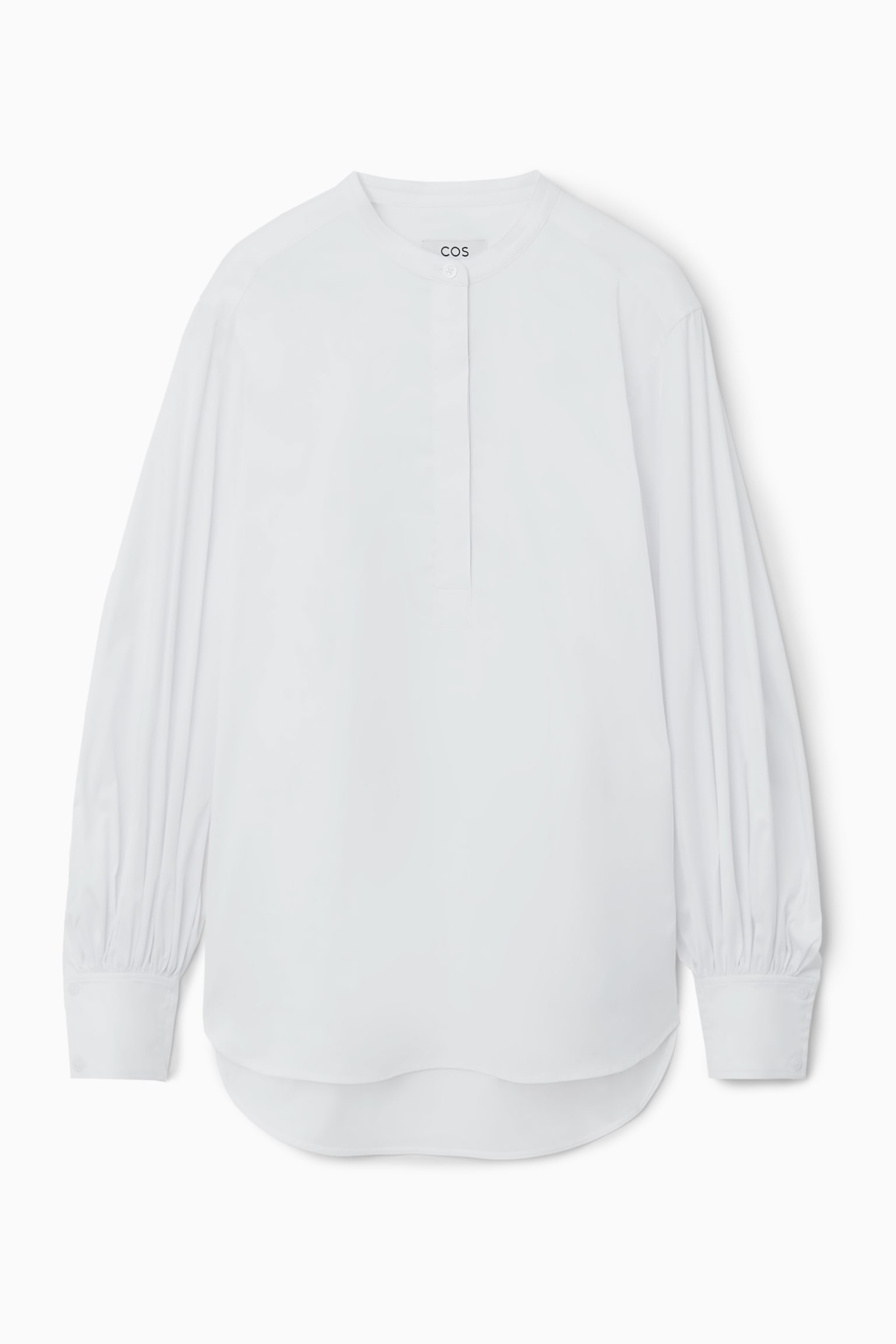GATHERED GRANDAD-COLLAR BLOUSE - WHITE/WHITE / BLUE / STRIPED