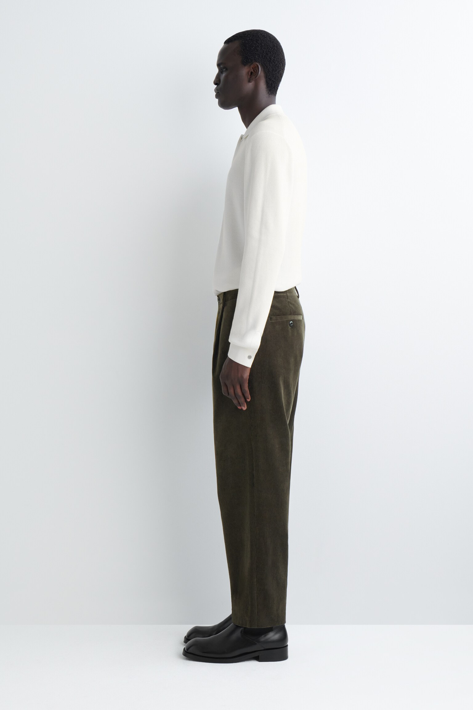 PANTALON DROIT À PLIS EN VELOURS CÔTELÉ - KAKI FONCÉ/BLEU MARINE - 4