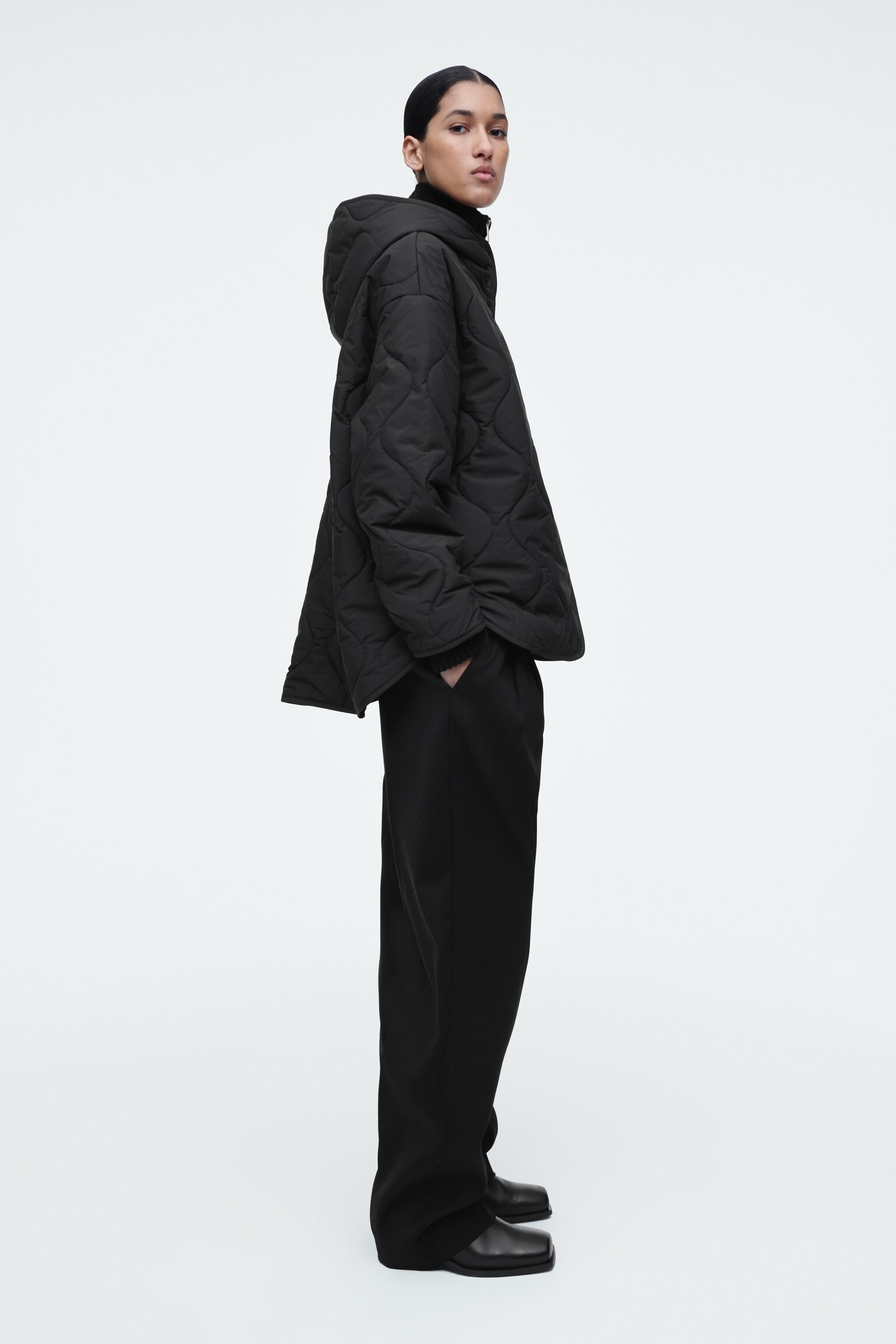 QUILTED HOODED FUNNEL-NECK JACKET - BLACK - 6