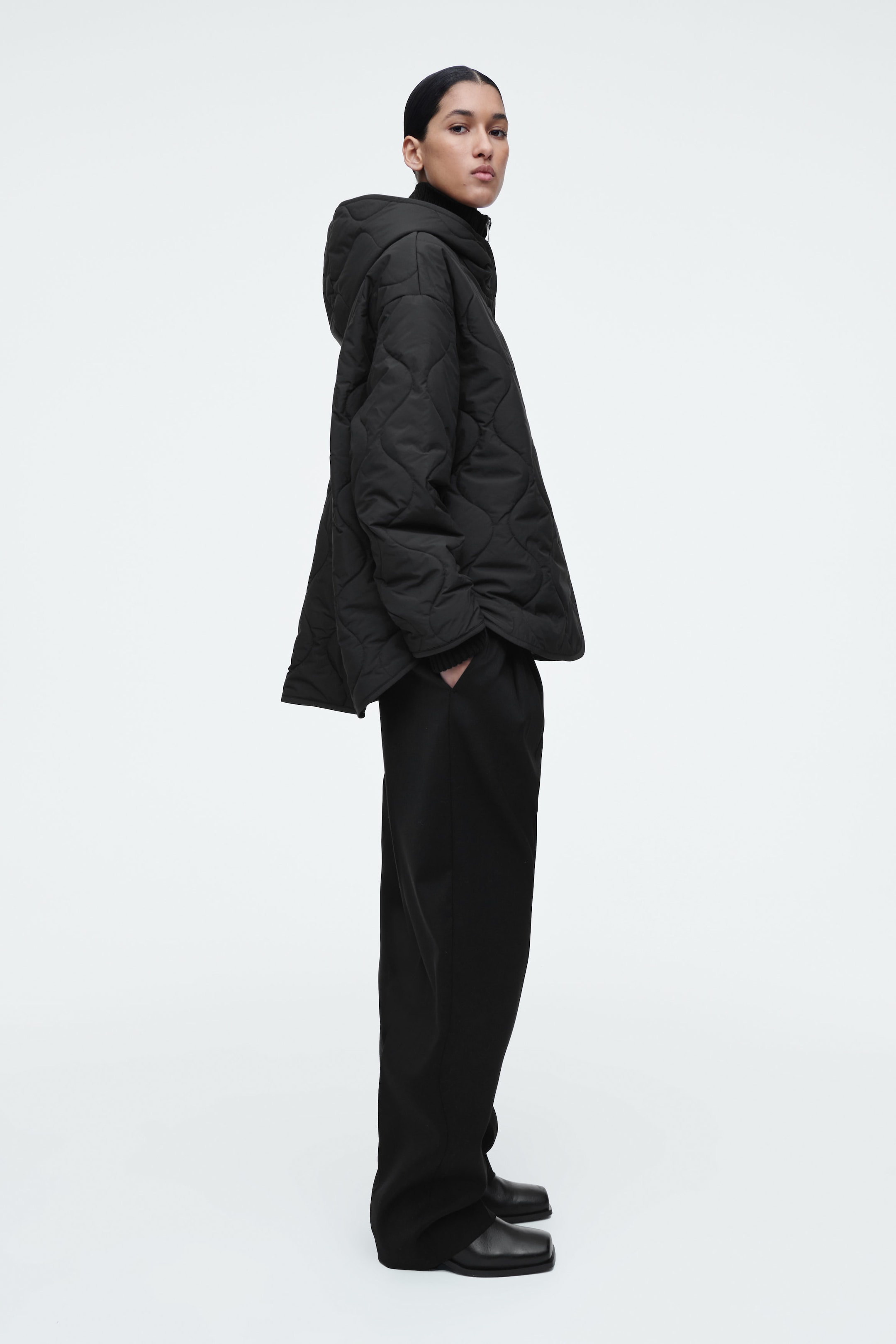 QUILTED HOODED FUNNEL-NECK JACKET