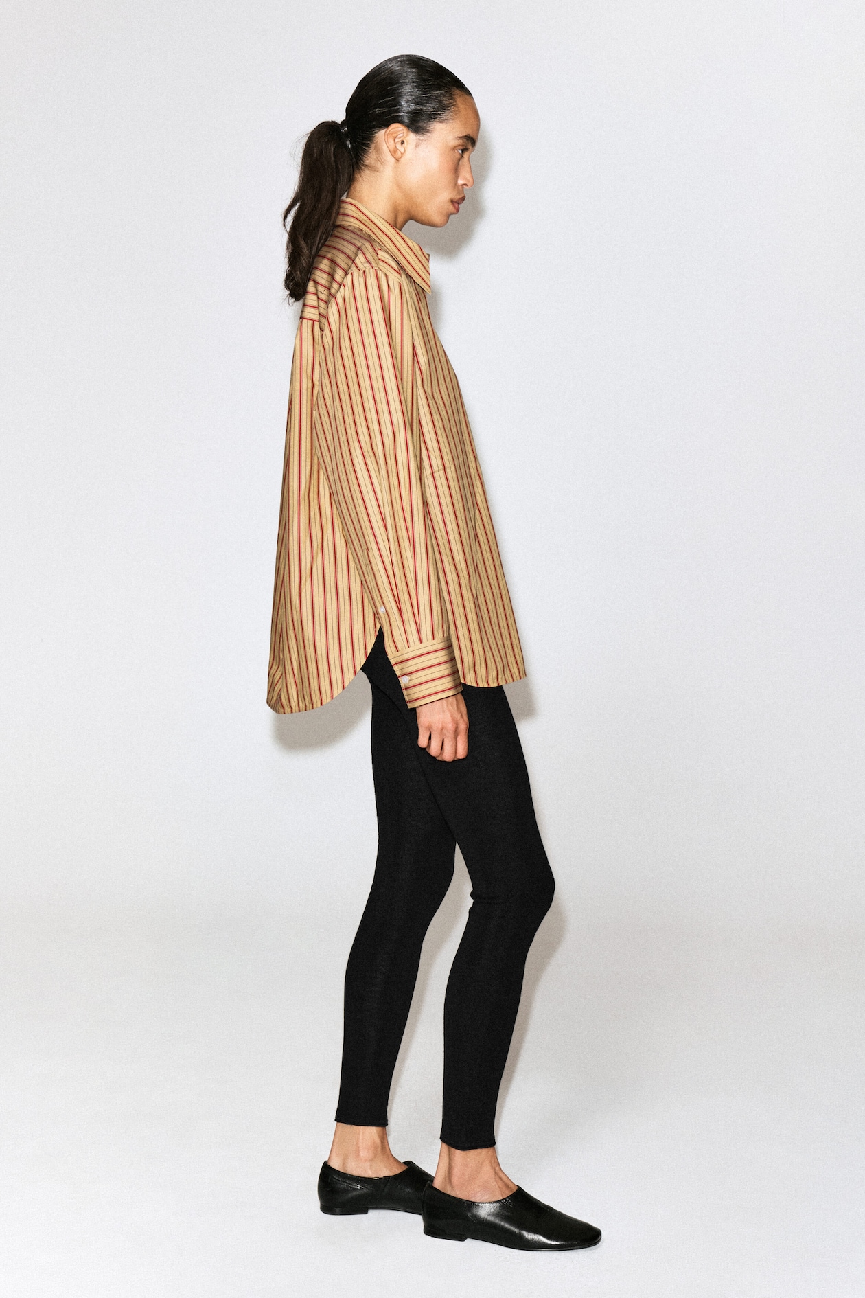 STRIPED COTTON-LYOCELL SHIRT — HONEY / RED / STRIPED