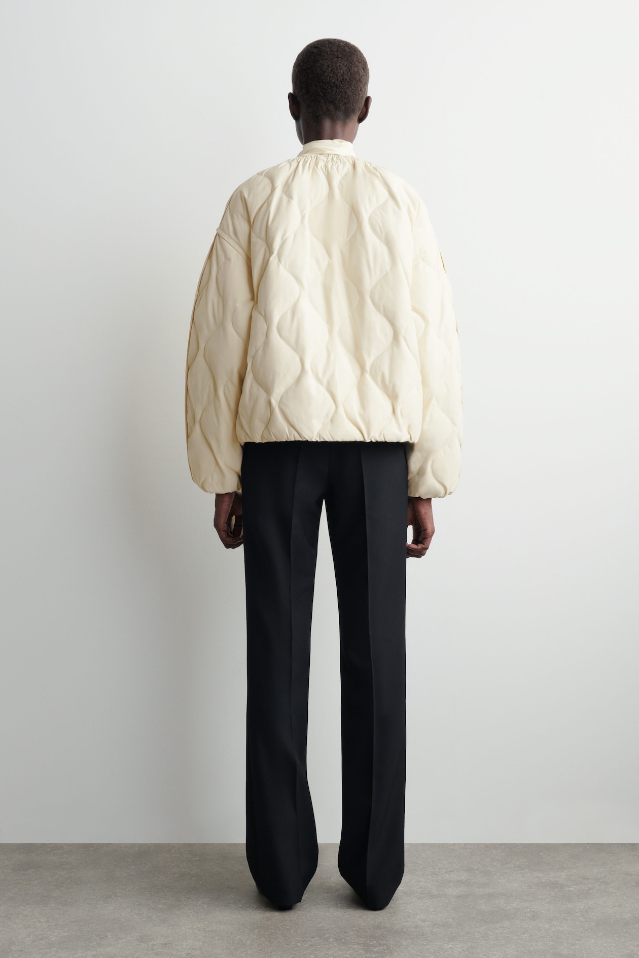 GATHERED QUILTED DOWN JACKET — ECRU