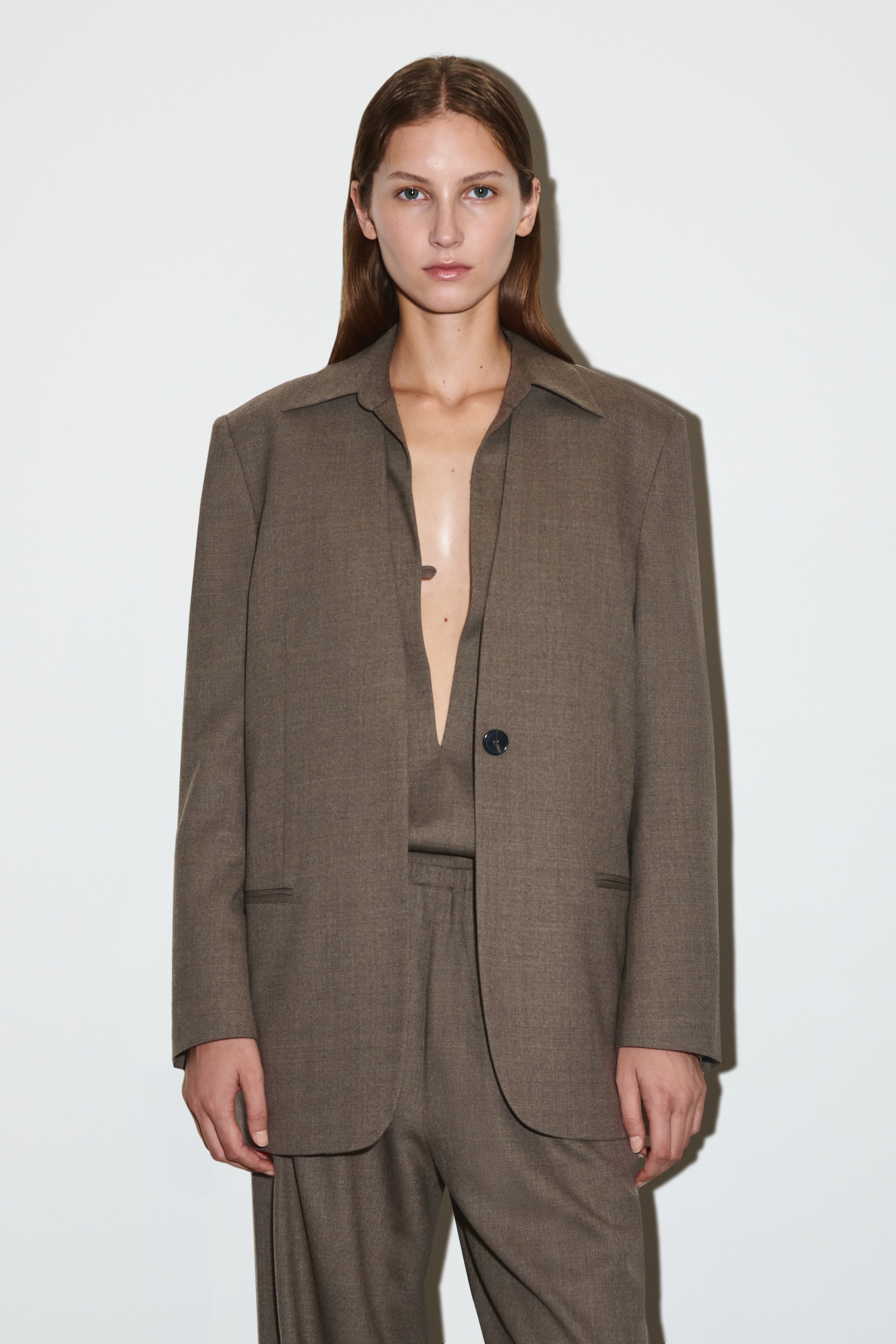 Grotere afbeelding bekijken: KRAAGLOZE BLAZER VAN WOLMIX - BRUIN - DAMES | H&M BE 1