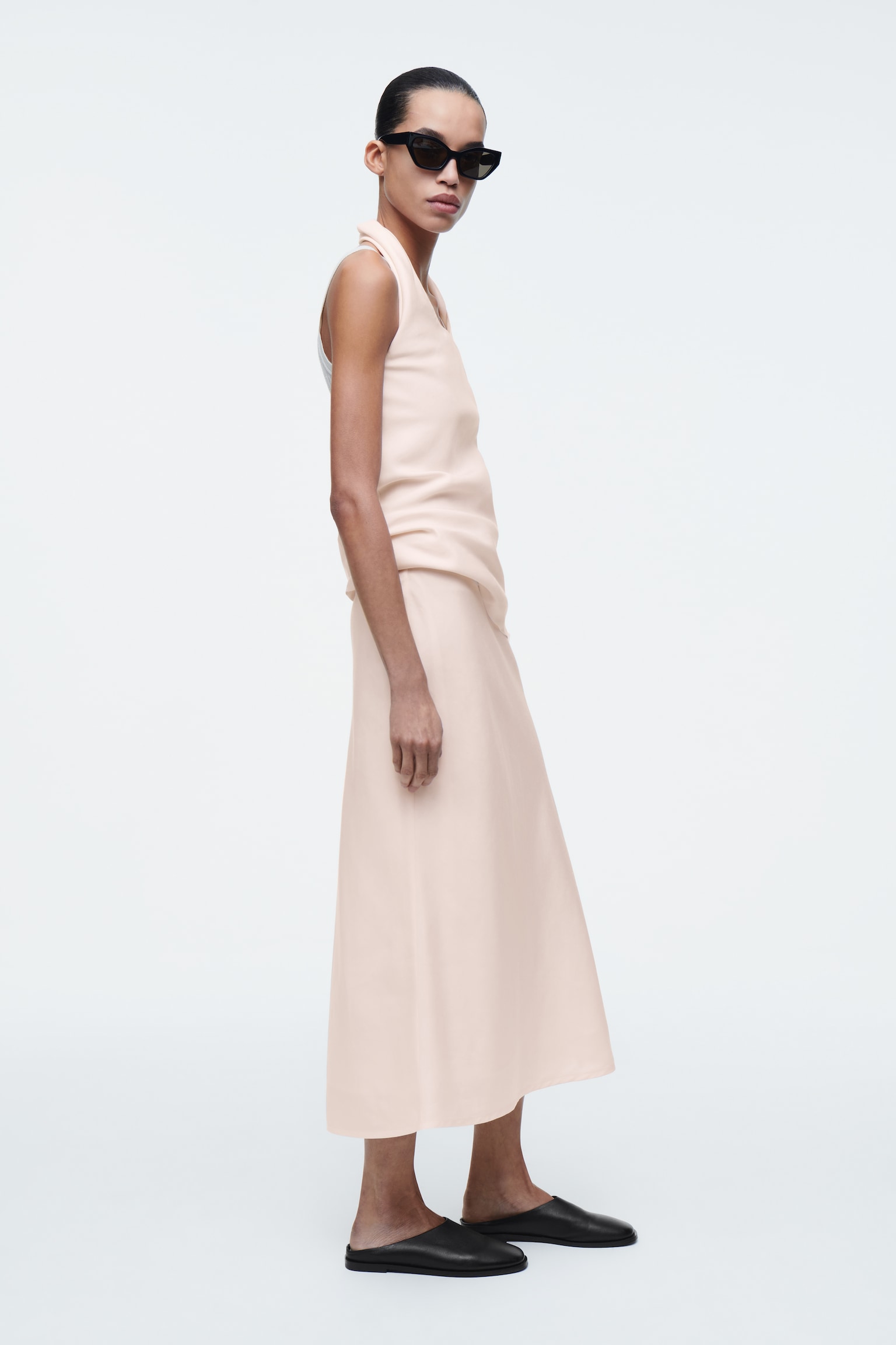 FALDA MIDI EN MEZCLA DE LINO - ROSA CLARO/NEGRO - 5