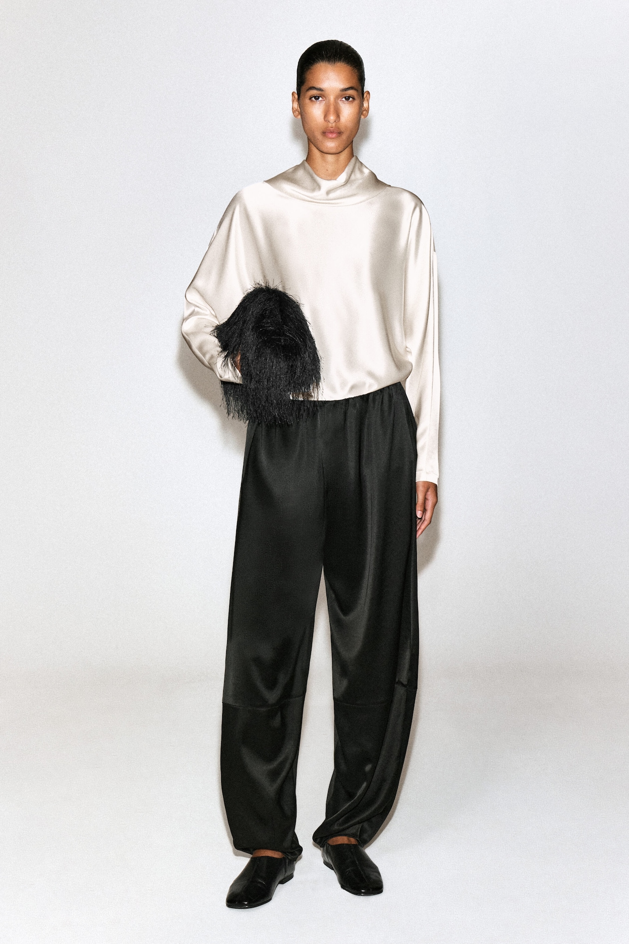 COWL-NECK SATIN BLOUSE — CREAM