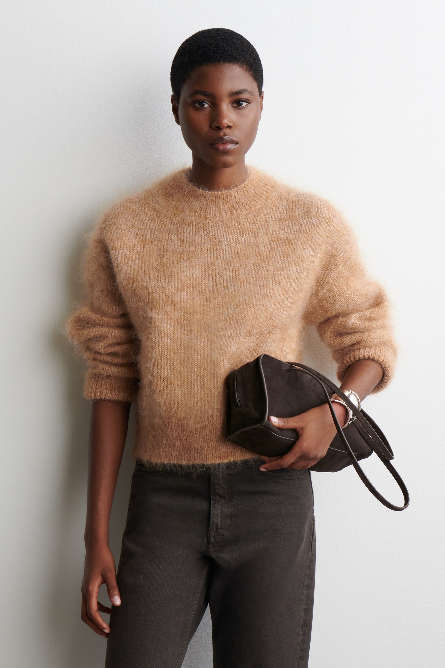 MOHAIR-WOOL CREW-NECK JUMPER - CAMEL MÉLANGE - 1