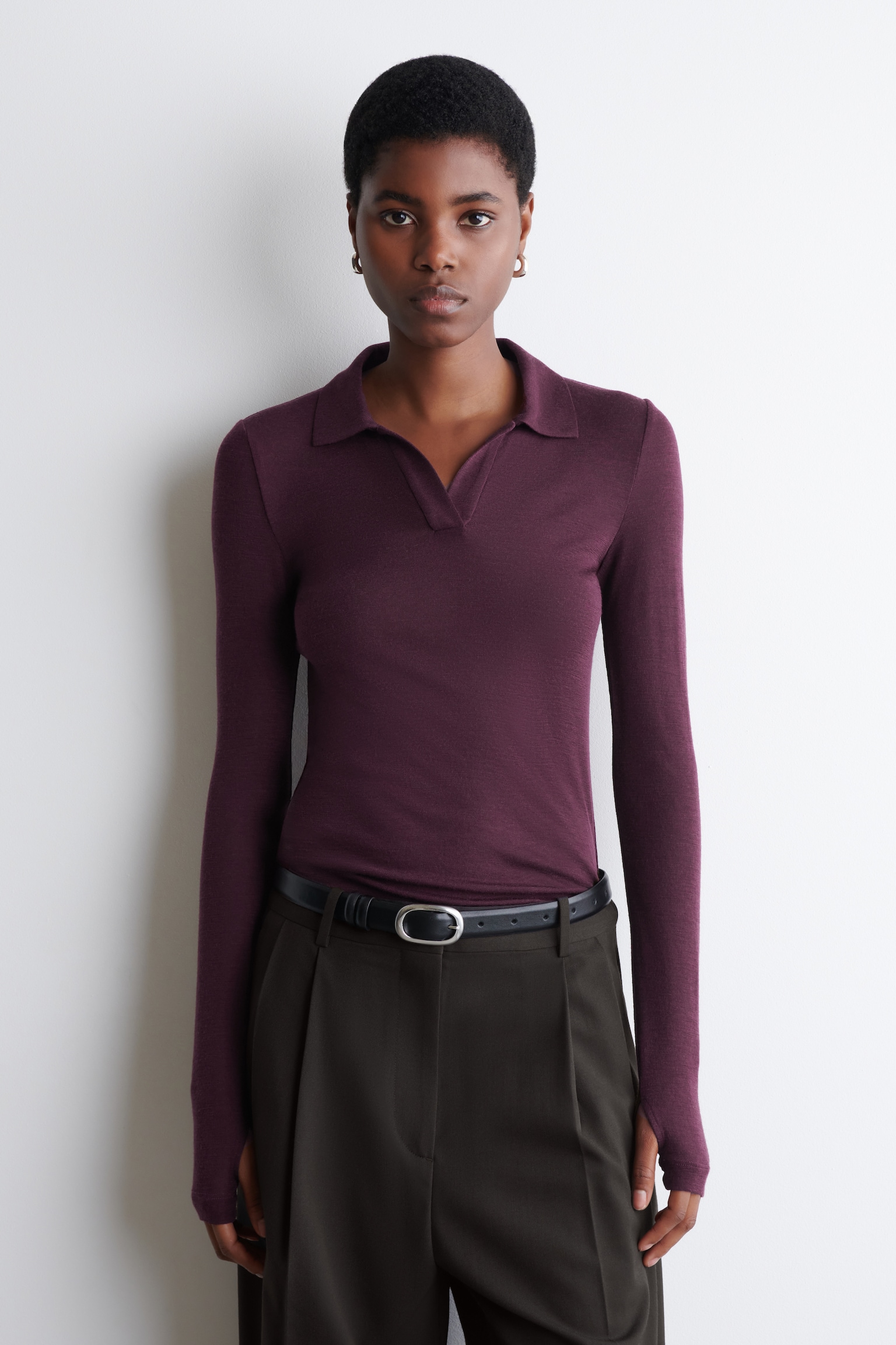 MERINO WOOL POLO SHIRT - BURGUNDY MÉLANGE/BLACK