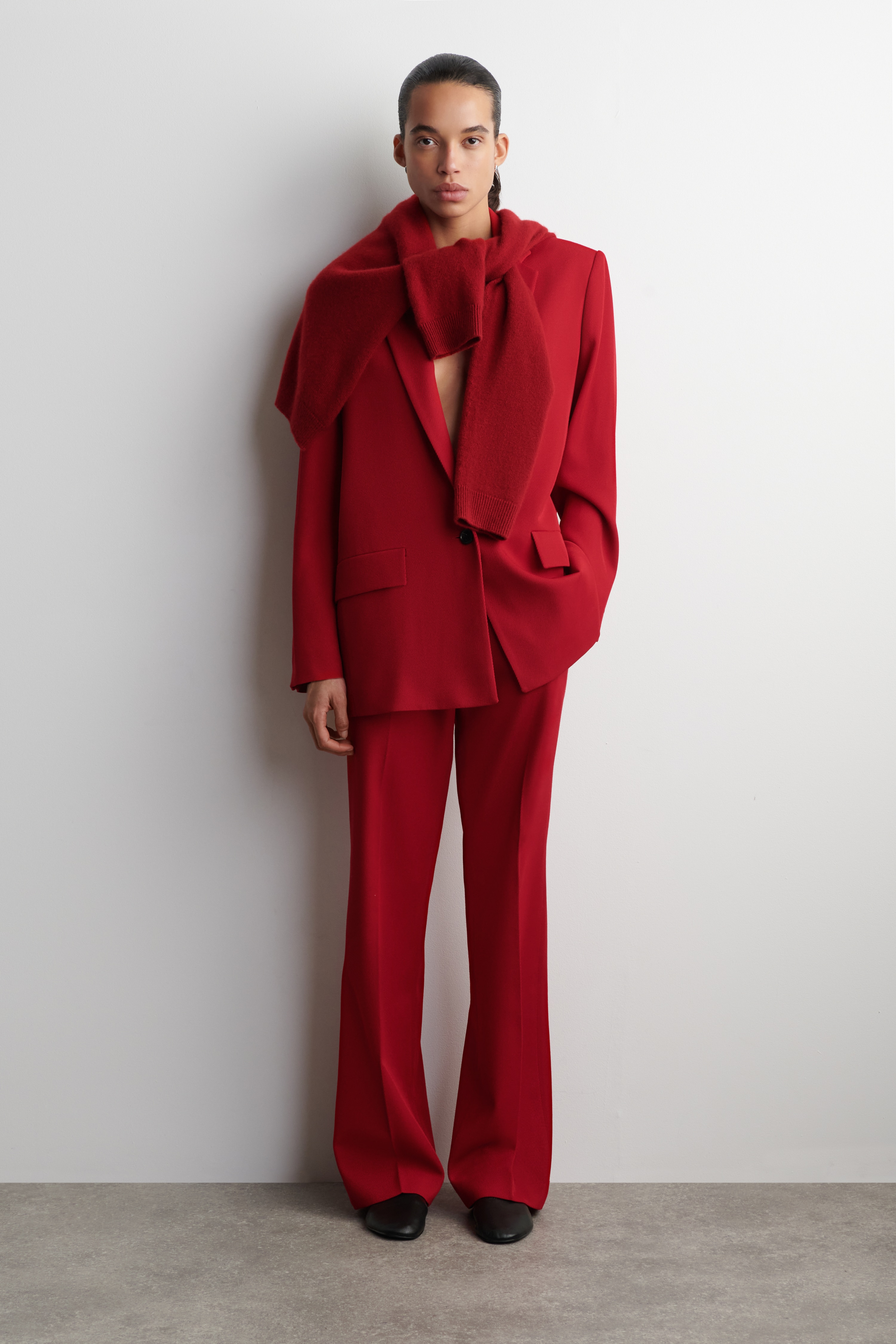 PANTALON DROIT EN LAINE MÉLANGÉE - ROUGE