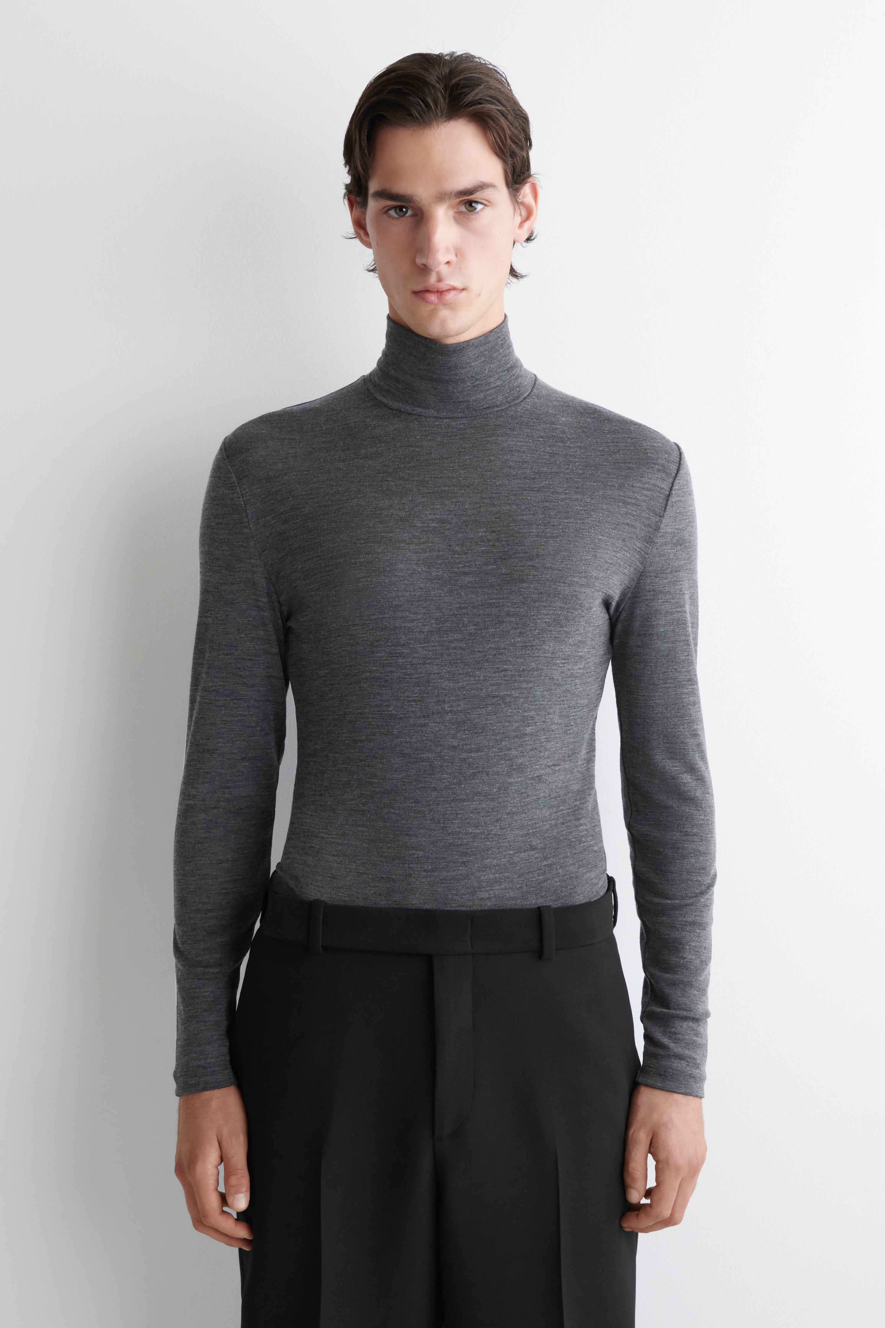 SLIM WOOL-JERSEY ROLL-NECK TOP - DARK GREY/BLACK/DARK BROWN