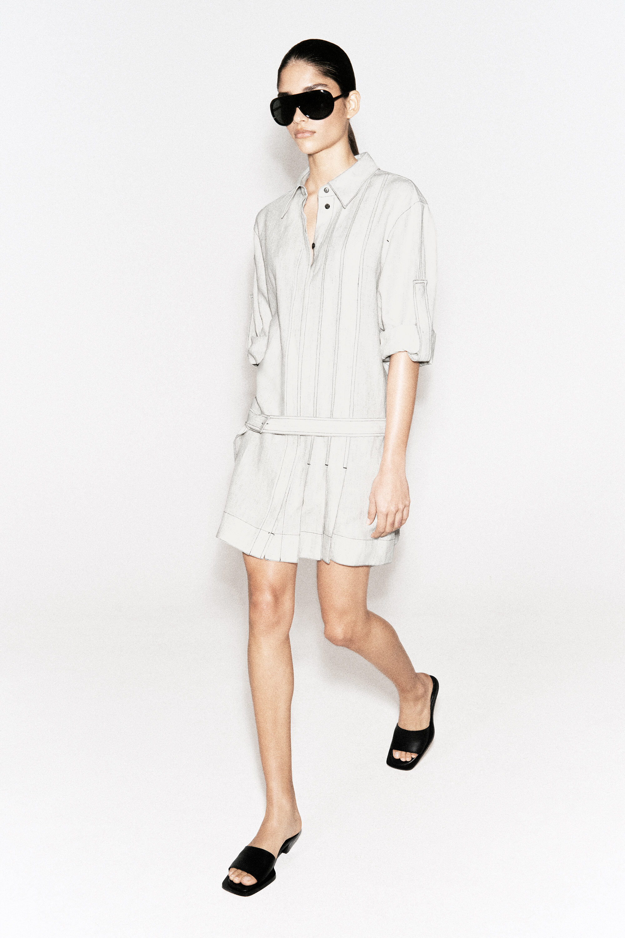 cos belted linen shirt dress BELTED PLEATED LINEN MINI SHIRT DRESS - LIGHT GRAY