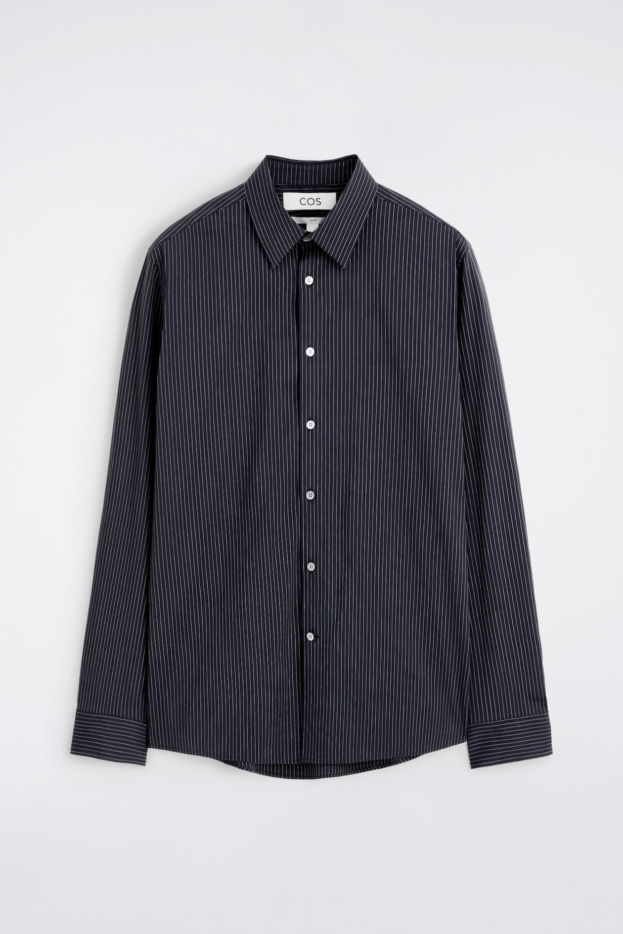 SLIM TAILORED COTTON-POPLIN SHIRT — NAVY / PINSTRIPED