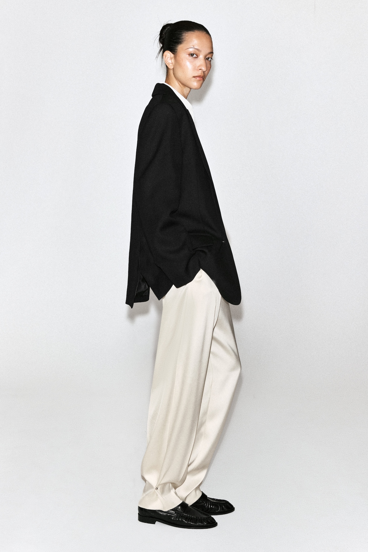 TAILORED MATTE-SATIN BARREL-LEG PANTS — OYSTER
