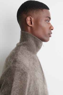 BRUSHED PURE CASHMERE ZIP-UP SWEATER — BROWN 3