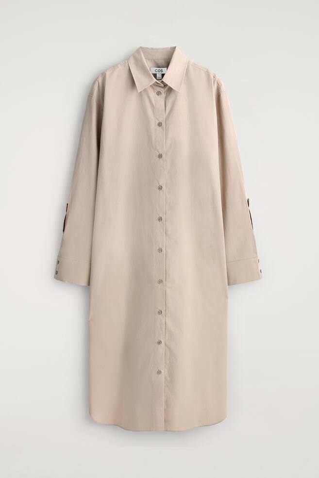 ROBE-CHEMISE MIDI EN COTON À MANCHES ÉVASÉES - BEIGE/BLEU MARINE - 1