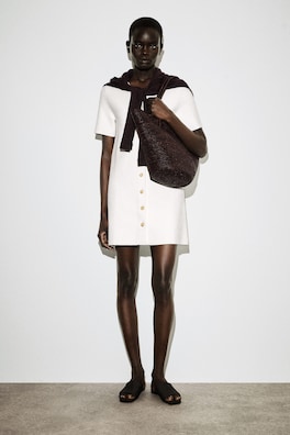 BUTTONED MILANO-KNIT MINI DRESS — WHITE 1