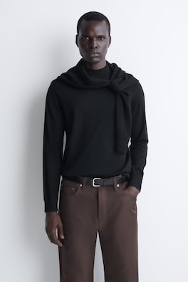 SLIM MERINO WOOL MOCK-NECK SWEATER — BLACK 1