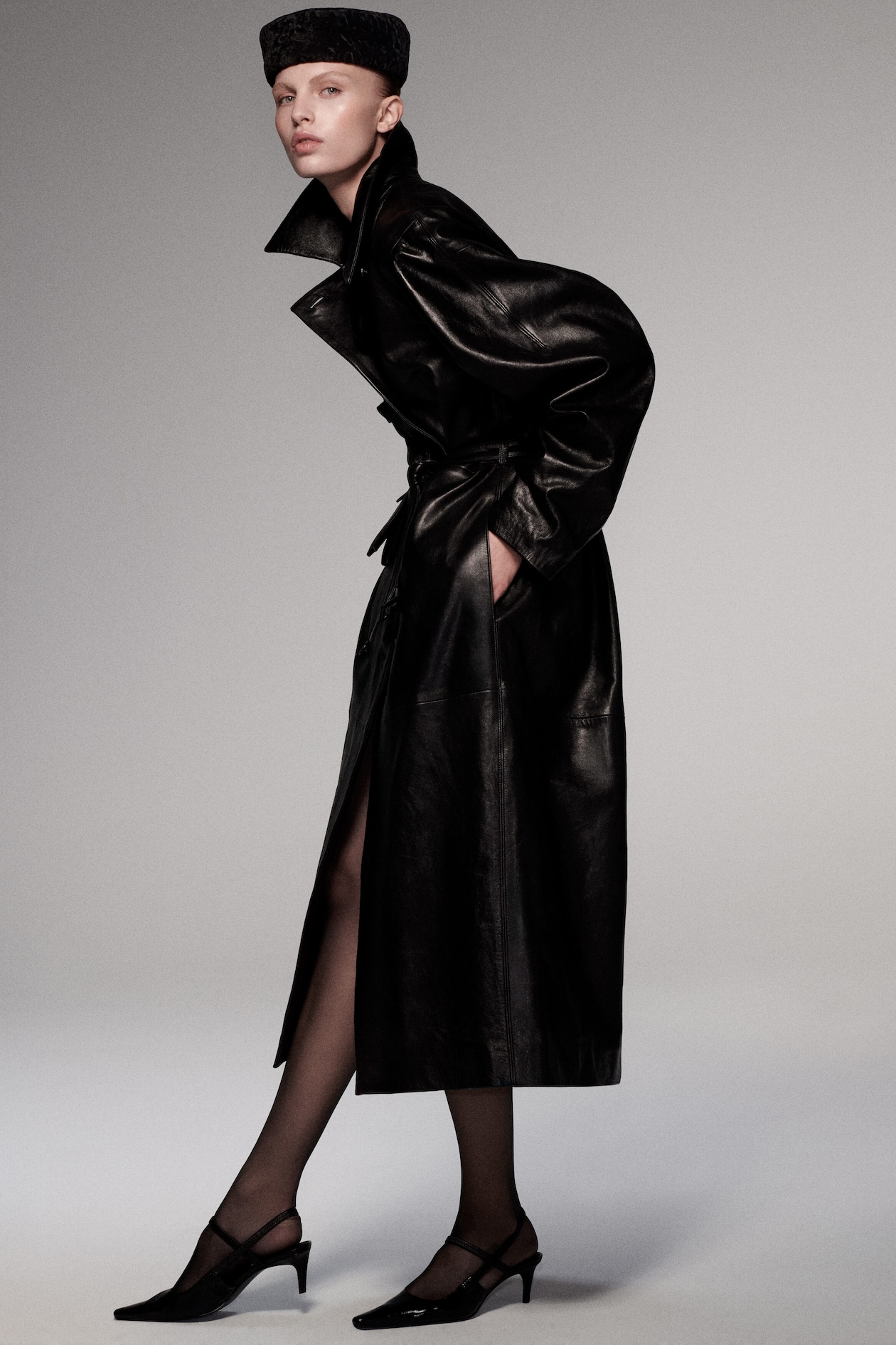OVERSIZED BELTED LEATHER LONG COAT — BLACK