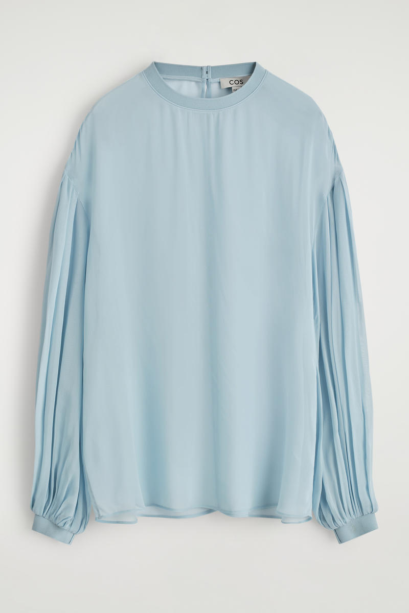 Sheer Balloon-Sleeve Blouse in Blue