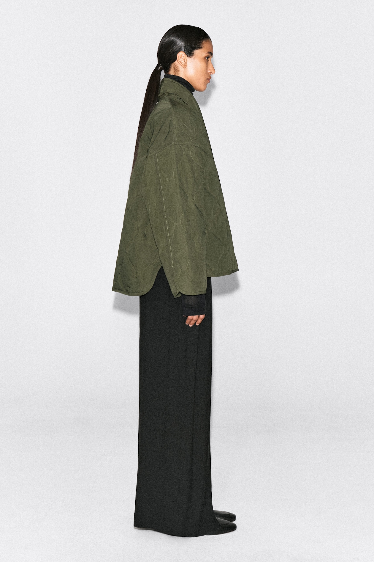 SHAWL-COLLAR QUILTED JACKET — KHAKI