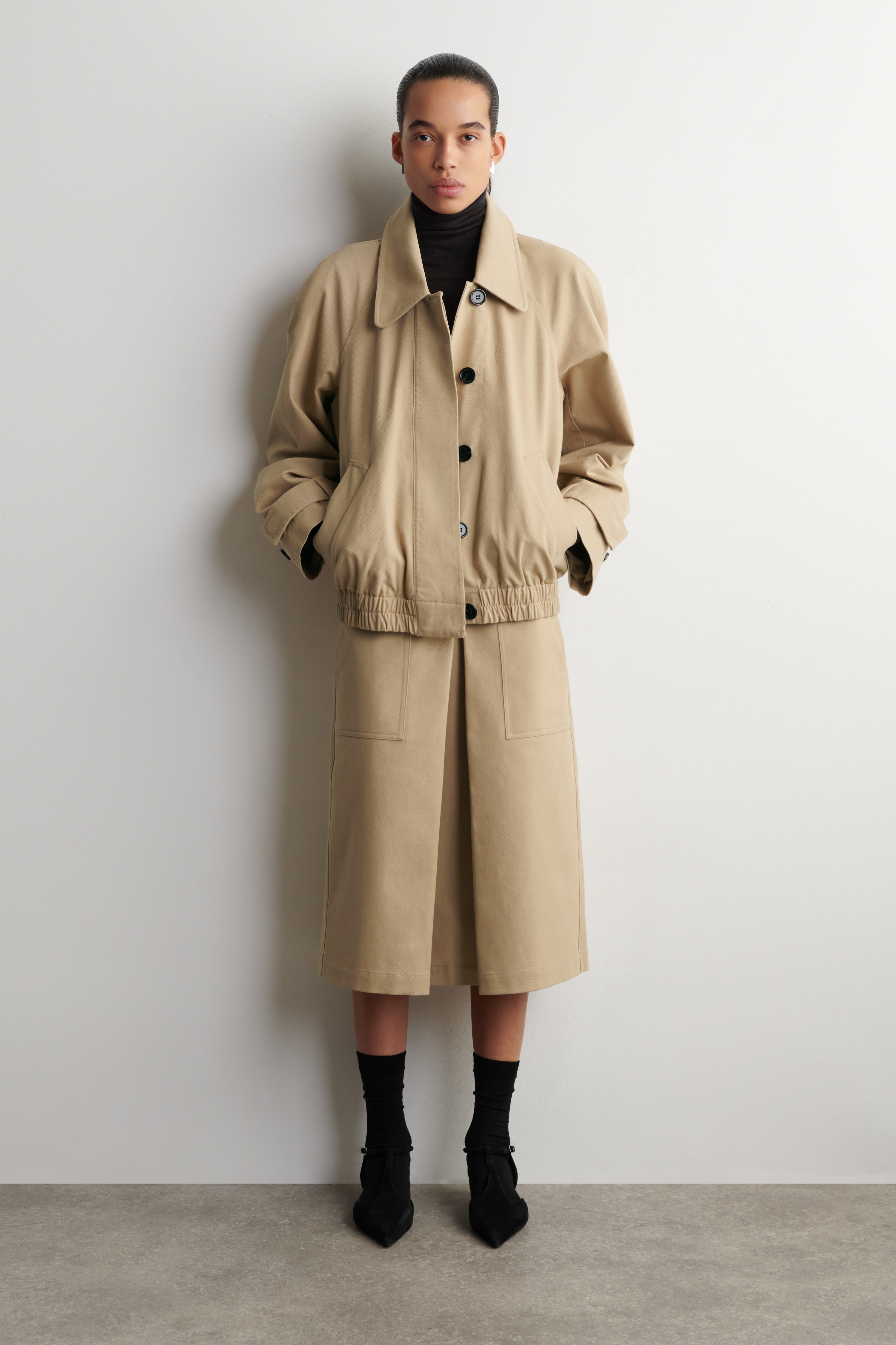 JUPE MIDI À PLIS FAÇON DÉCONSTRUITE EN COTON - BEIGE