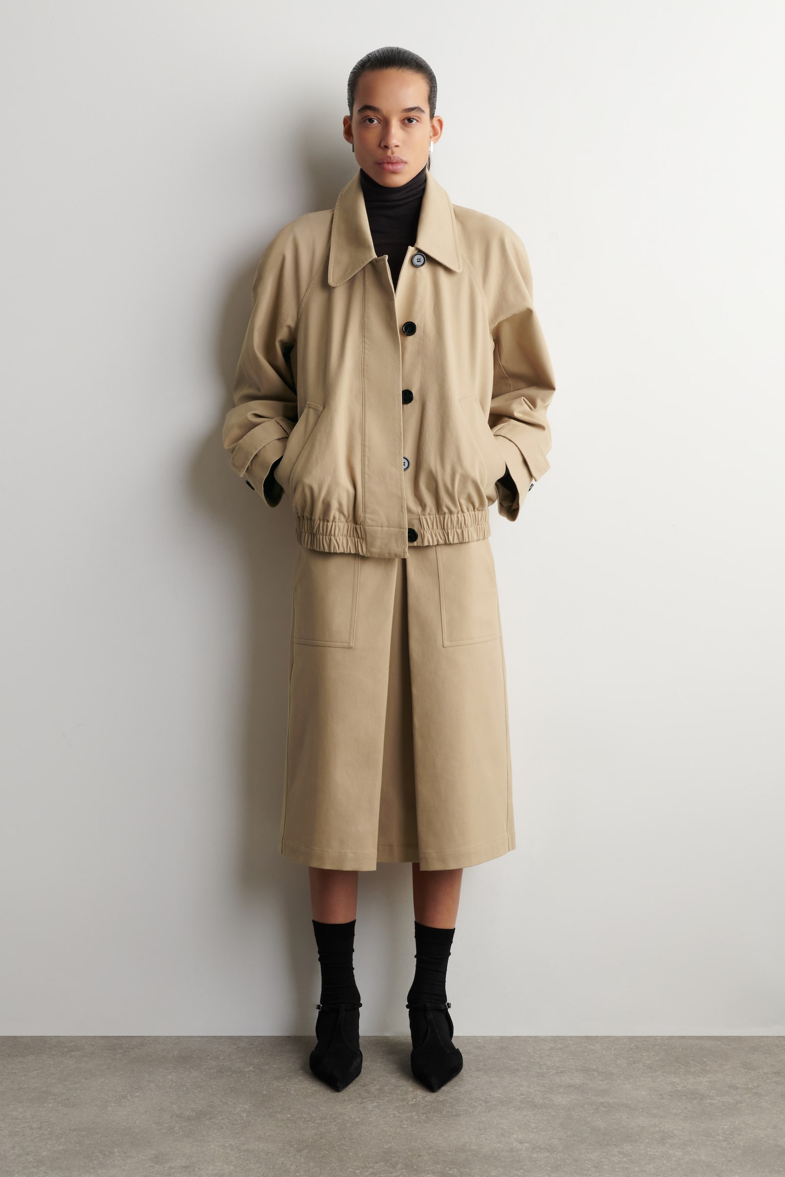 JUPE MIDI À PLIS FAÇON DÉCONSTRUITE EN COTON - BEIGE - 1