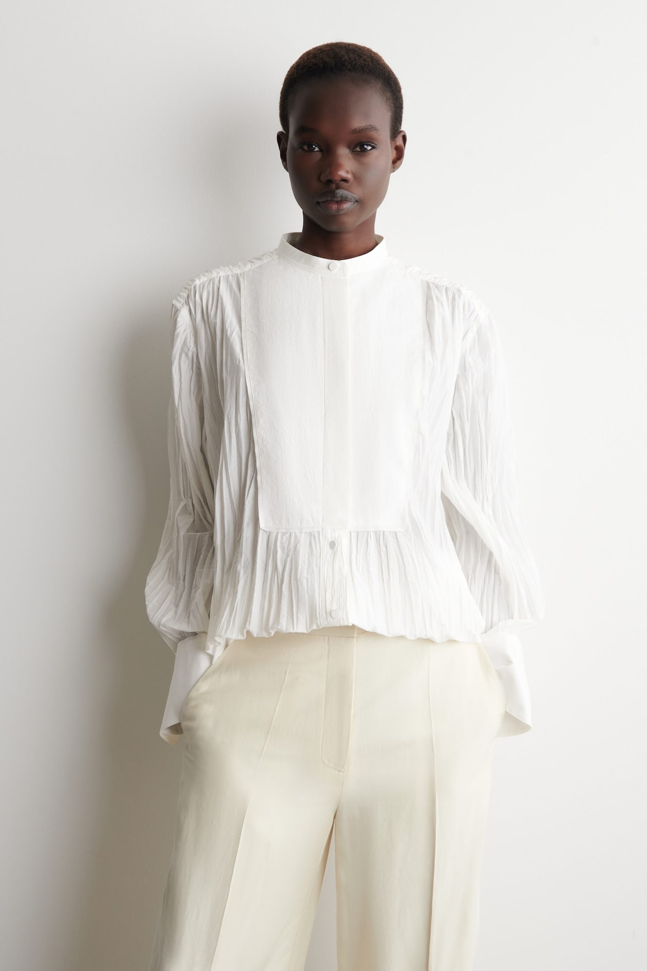 BIB-FRONT CRINKLED-COTTON SHIRT — WHITE