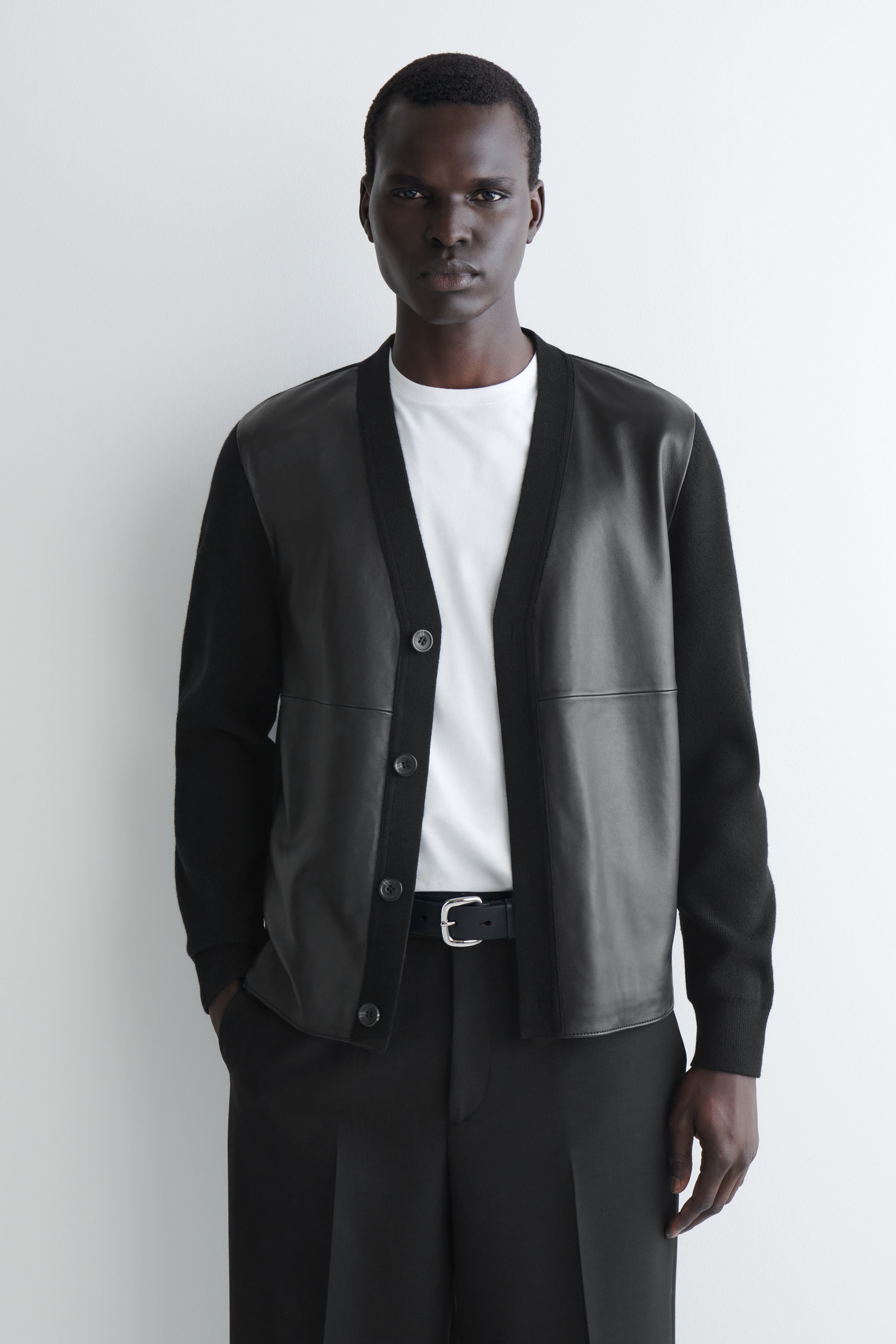 LEATHER-PANELLED WOOL CARDIGAN - BLACK