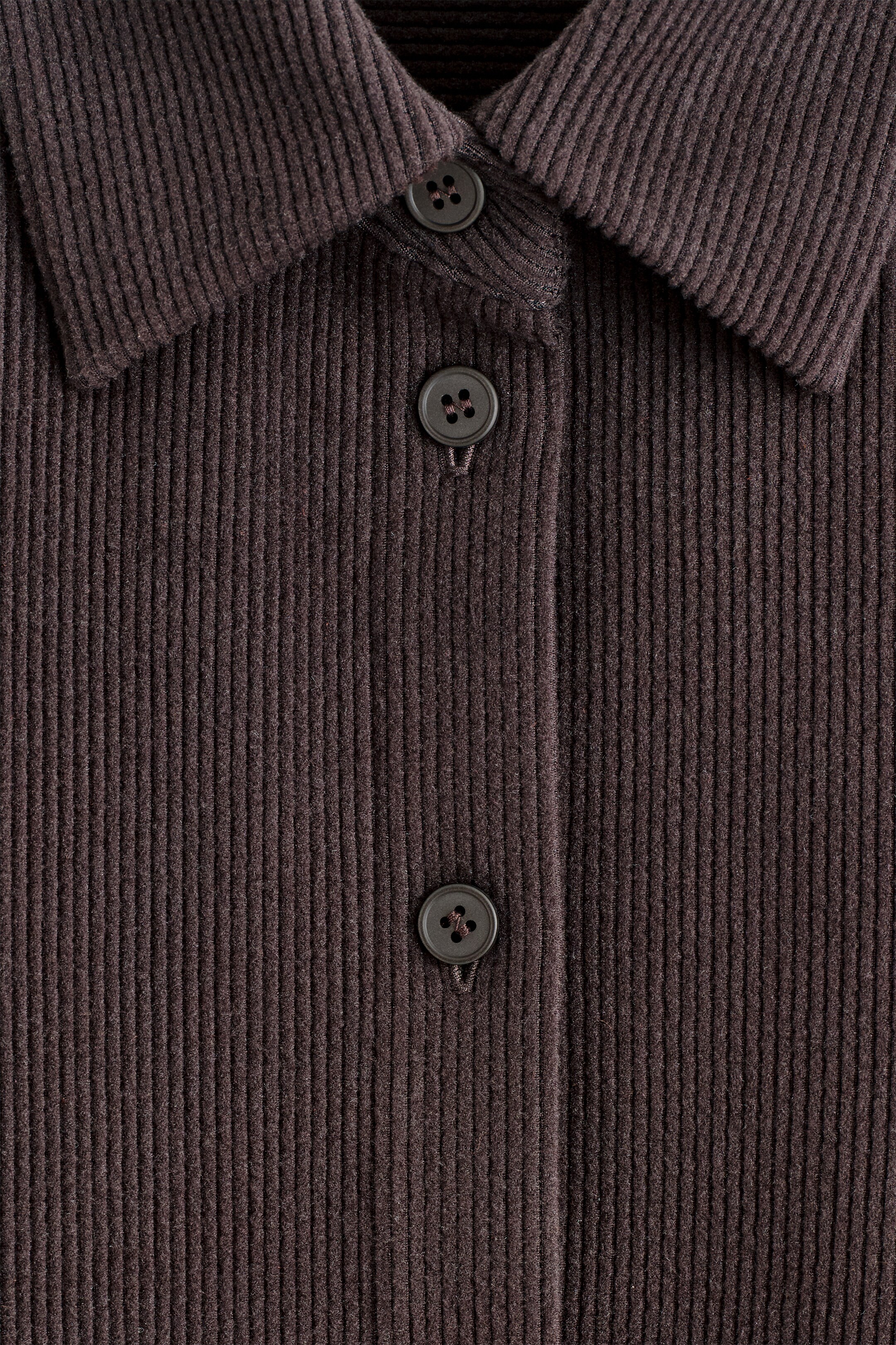 Visualizza immagine più grande: Una camicia di velluto a coste marrone scuro viene mostrata in primo piano, vista frontale, mettendo in risalto la sua texture a coste prominente. Presenta un colletto a punta e un'abbottonatura con tre bottoni tonali visibili.