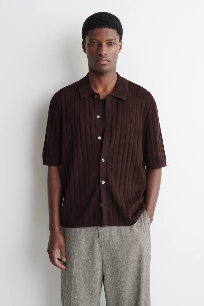 CAMICIA IN MAGLIA DI COTONE A COSTE - MARRONE SCURO/BIANCO - 1