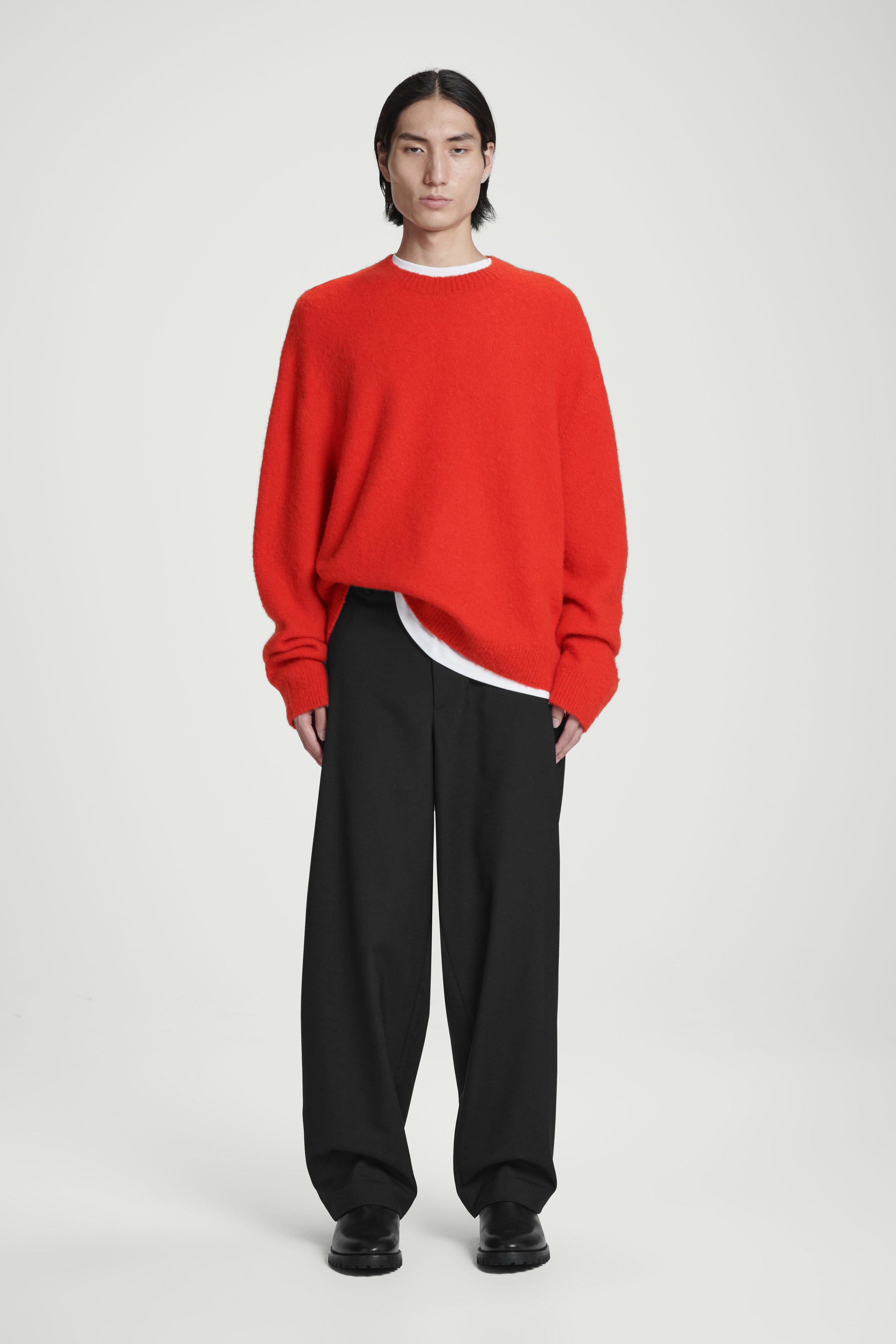 ★SATUR★ W Classic Crew Neck Half Knit Red Cotton-blend Cable-knit Side-slit Crewneck Sweater For Women