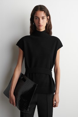 BELT-DETAIL FUNNEL-NECK WOOL VEST — BLACK 1
