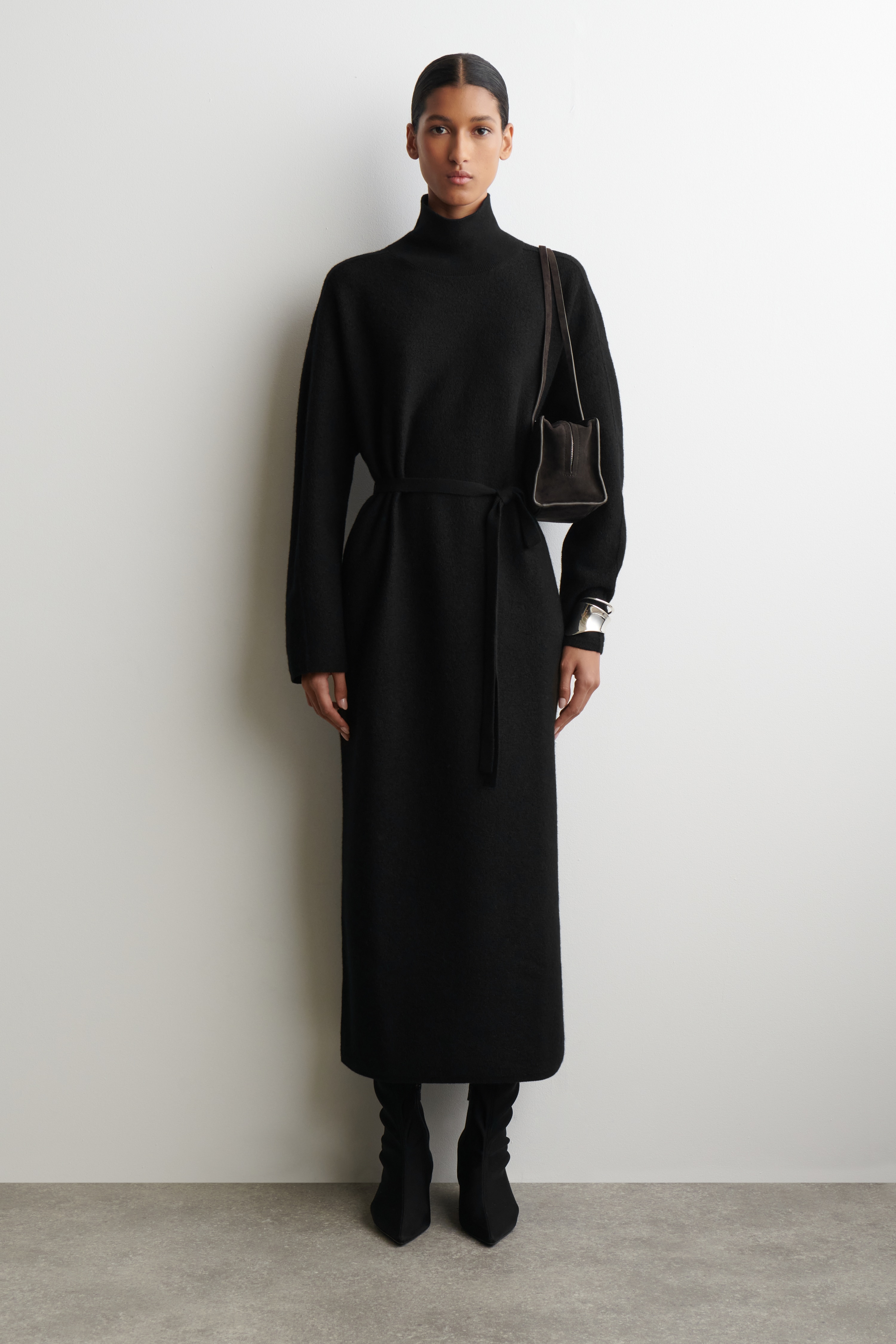 BOILED-WOOL FUNNEL-NECK DRESS - BLACK