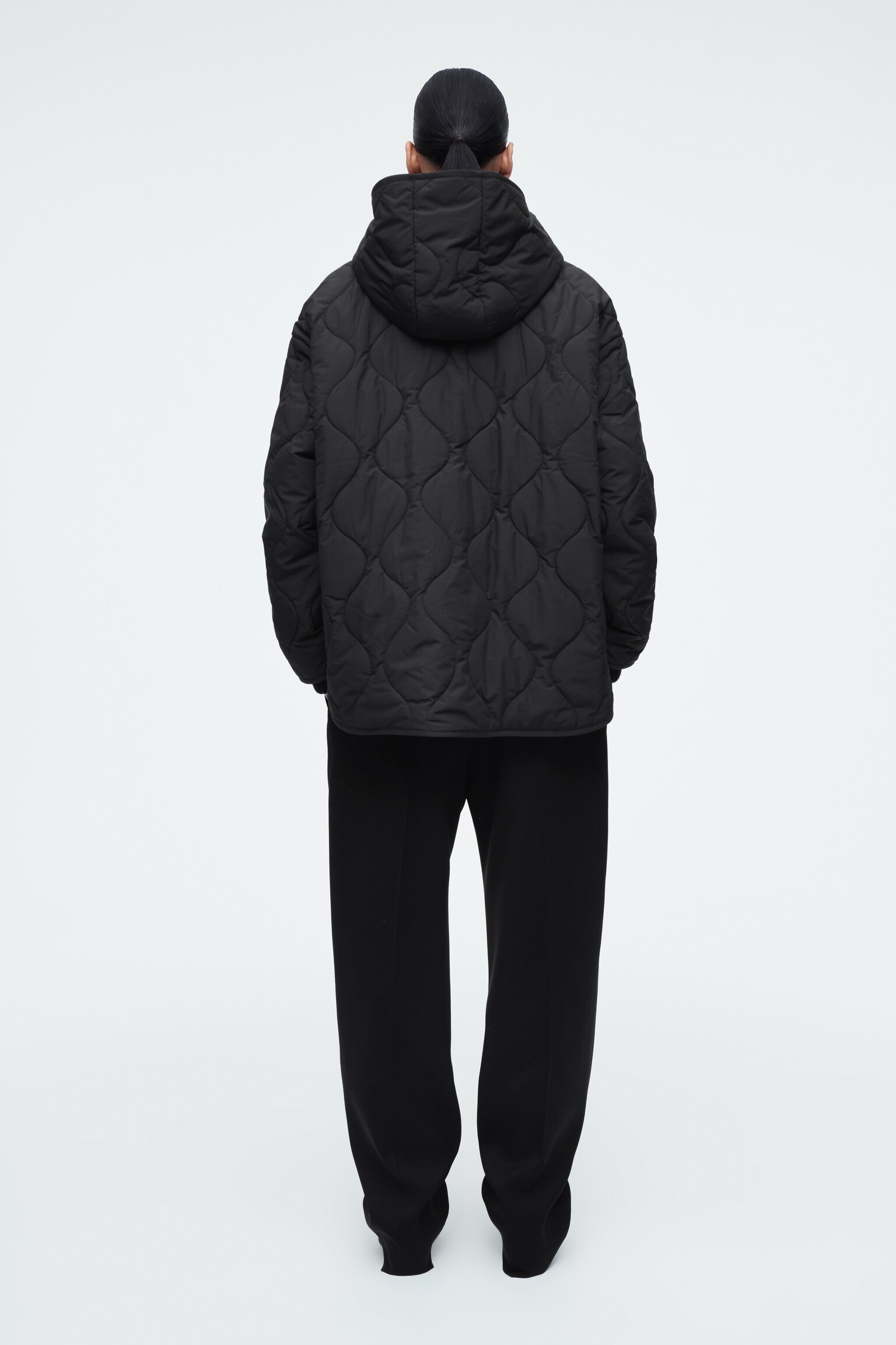 QUILTED HOODED FUNNEL-NECK JACKET - BLACK - 7