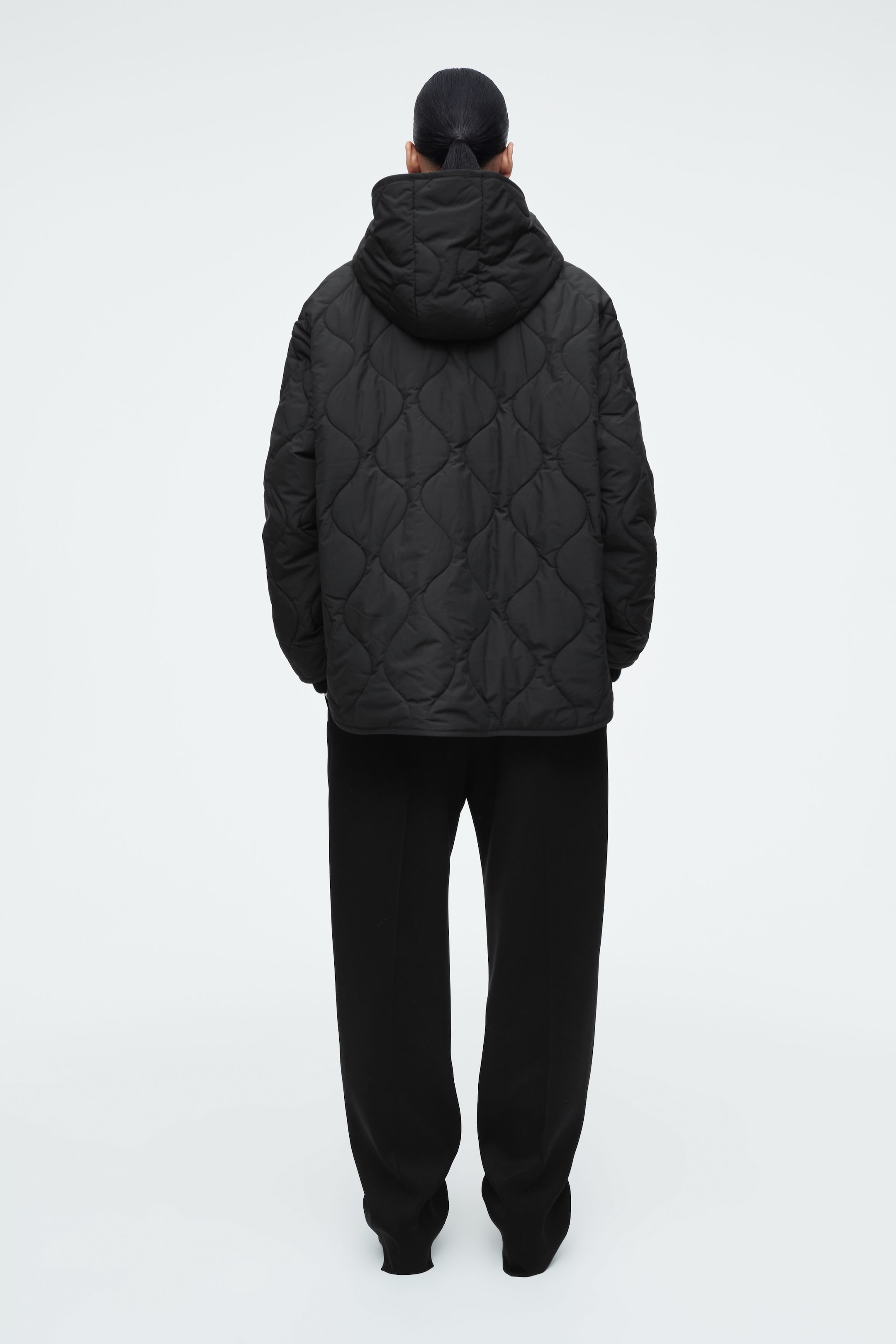 QUILTED HOODED FUNNEL-NECK JACKET