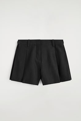 PLEATED BELTED LINEN SHORTS — BLACK 7