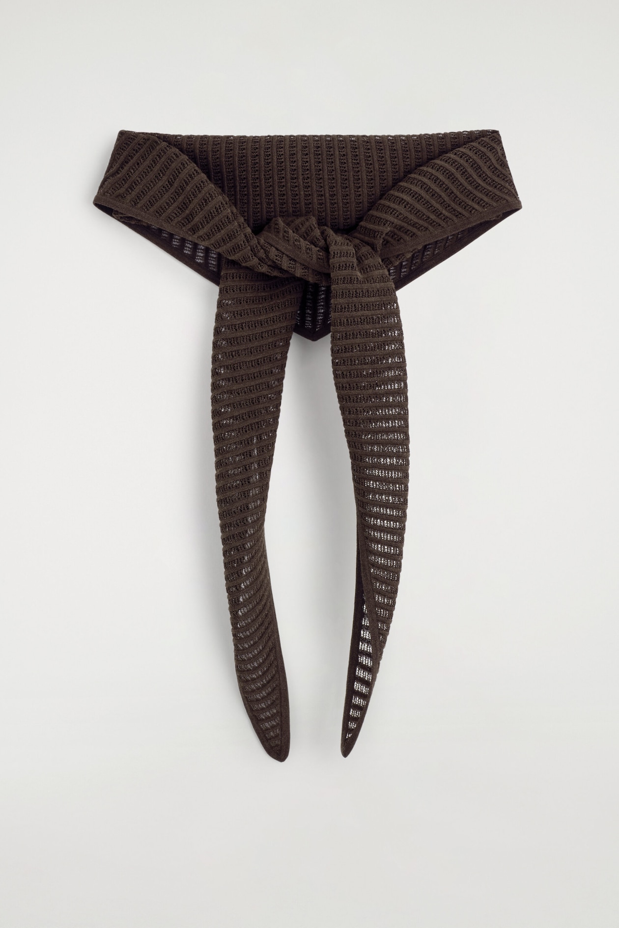 POINTELLE-KNIT TRIANGLE SCARF — BROWN
