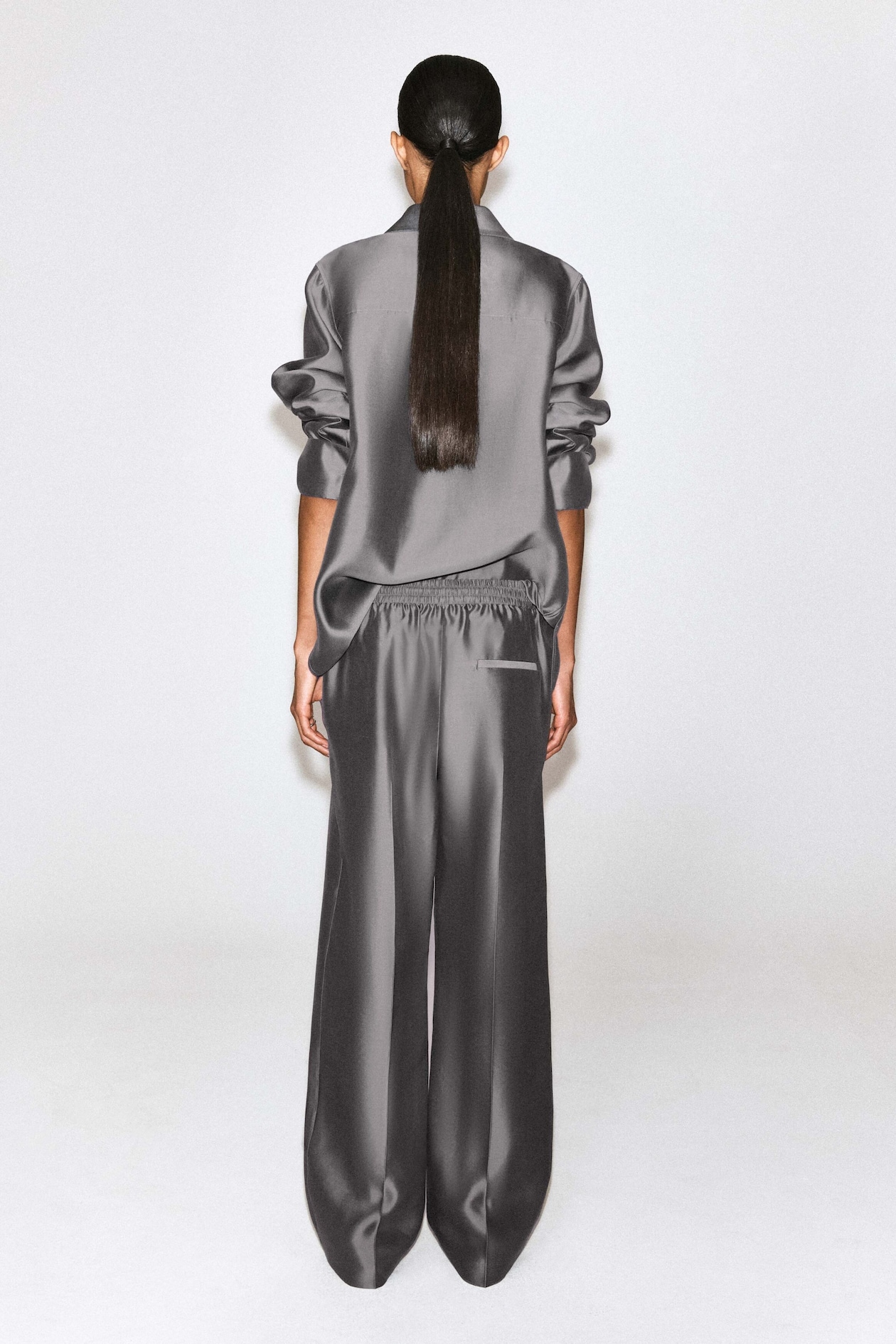 TAILORED SILK STRAIGHT-LEG PANTS — PEWTER