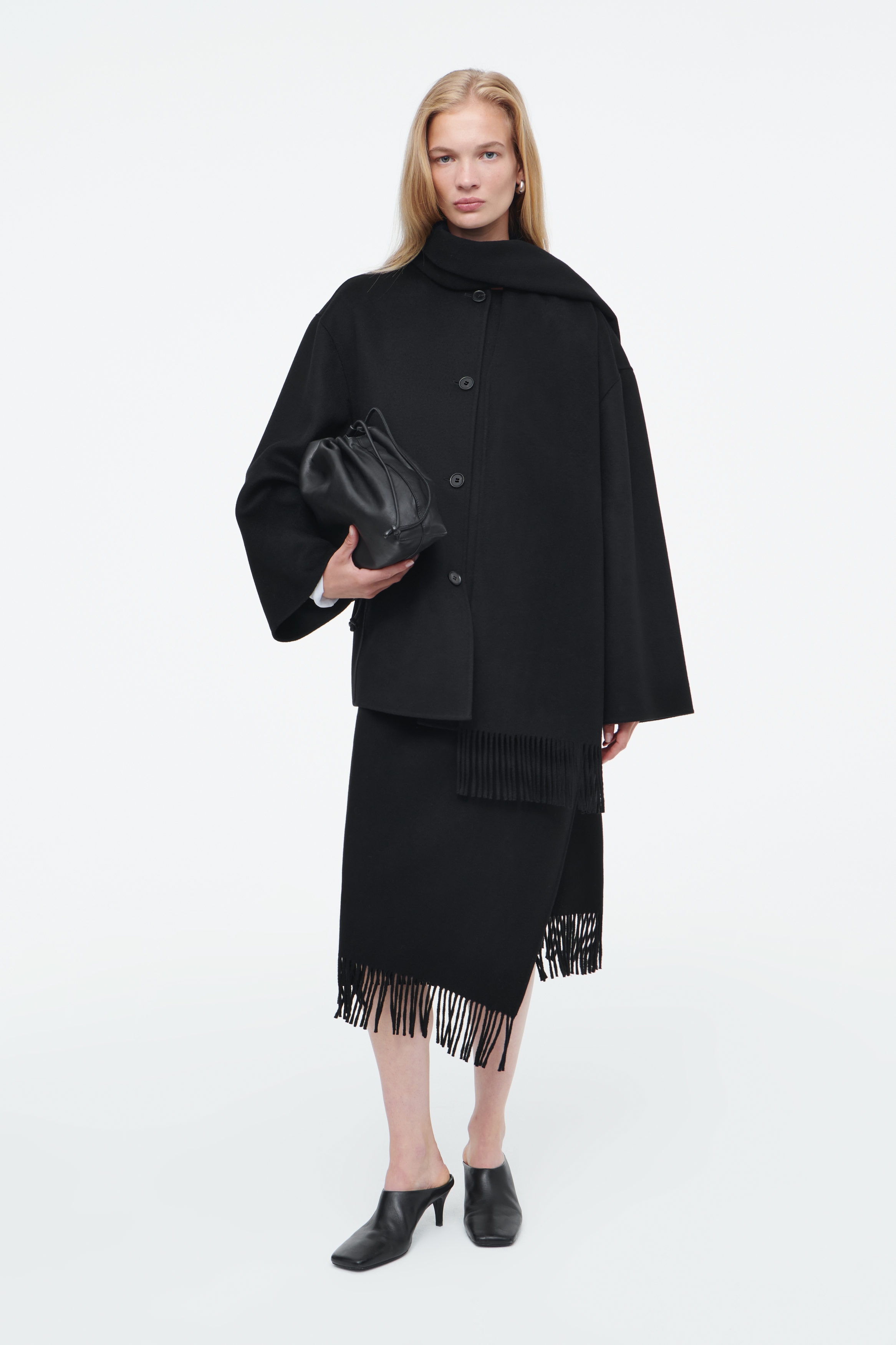 FRINGED WOOL MIDI WRAP SKIRT - BLACK | COS