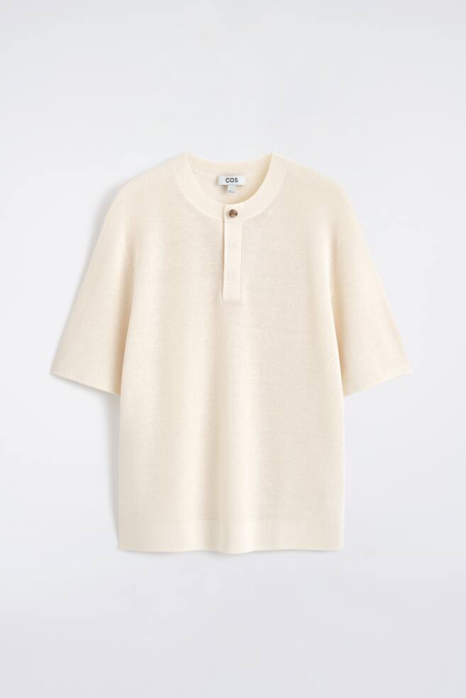 KNITTED LINEN HENLEY T-SHIRT - OFF-WHITE/DARK BROWN - 1