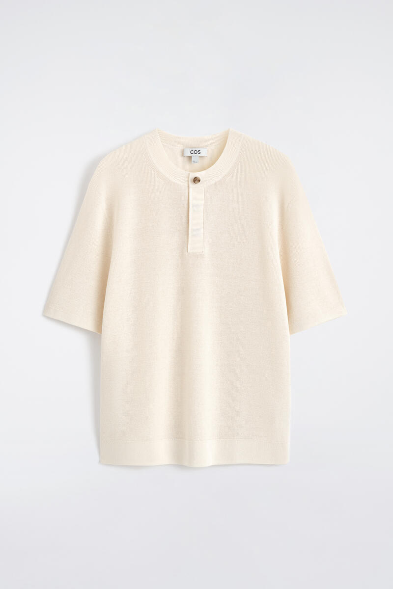 COS Knitted Linen Henley T-Shirt White Men's Extra Large